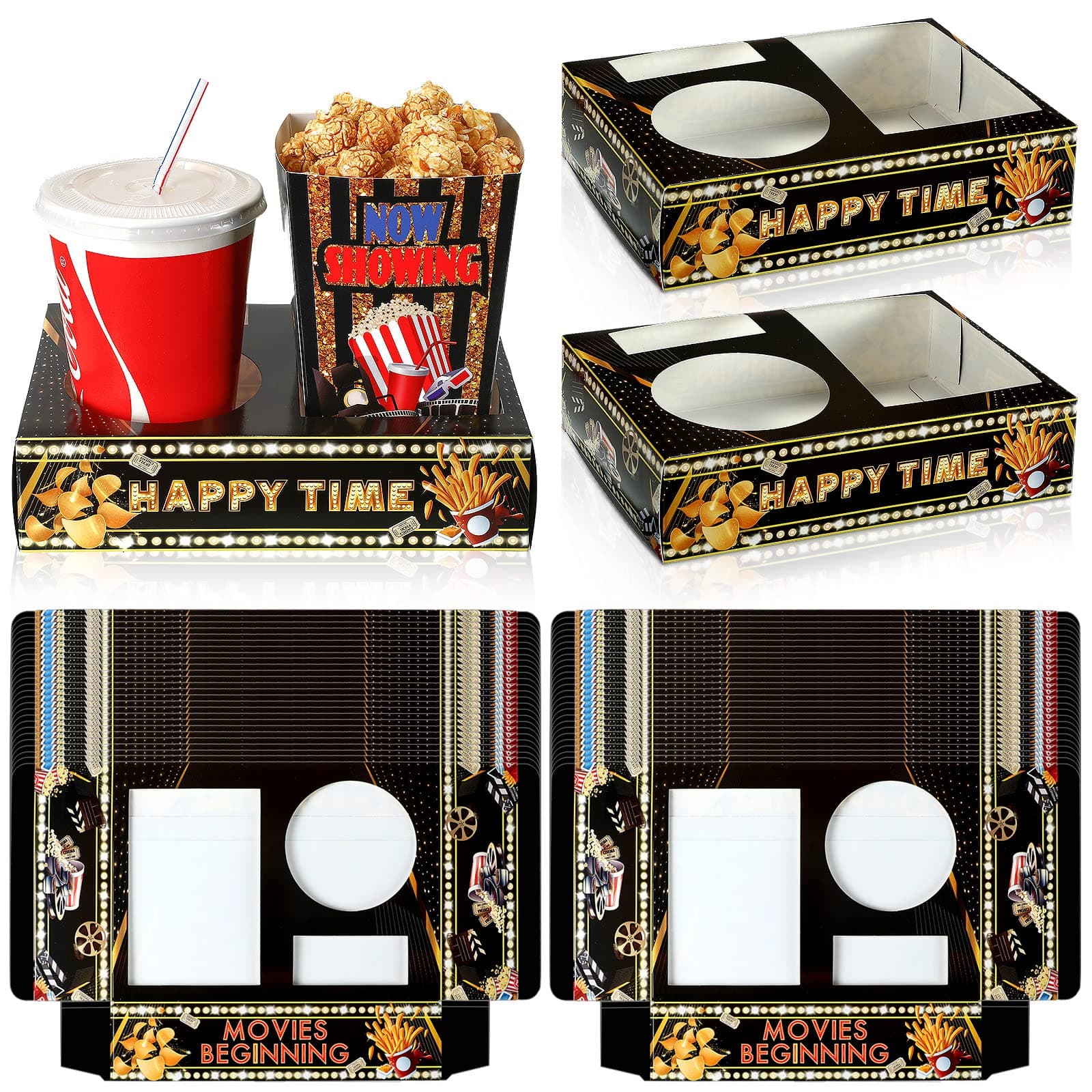 Faccito 36 Pcs Movie Night Snack Trays Movie Theater Snack Boxes Movie Night Supply Disposable Paper Snack Holder Movie Tray for Popcorn Food Candy Drink Party 8 x 6 Inch(Black Gold,Cute Style)
