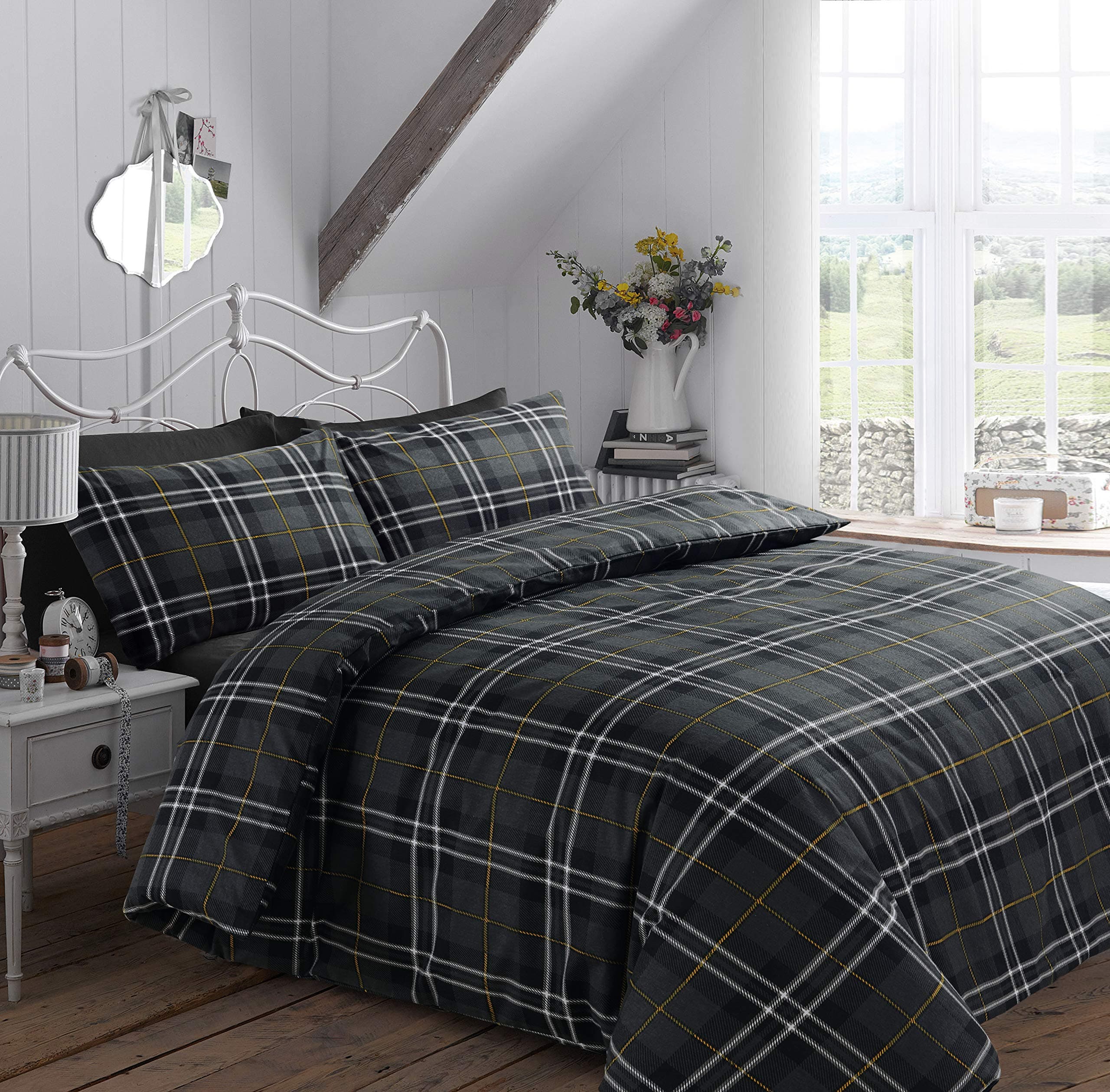 EDS 100% BRUSHED COTTON FLANNELETTE DOUBLE BED DUVET COVER, FLANNEL DUVET SET REVERSIBLE , THERMAL BEDDING, BEDDING SET - OMEGA GREY DOUBLE