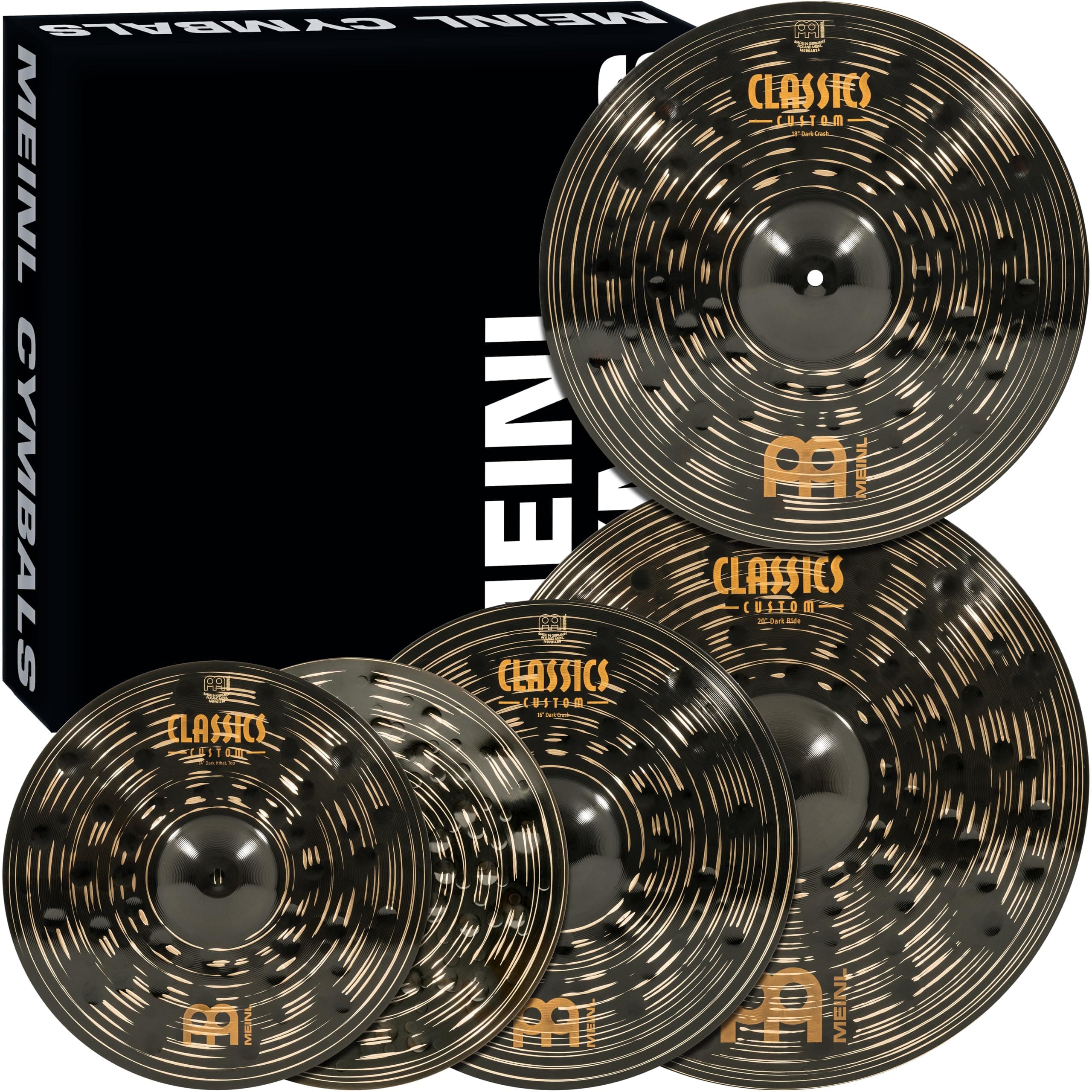 Meinl Cymbals Set Box Pack with 14” Hihats, 20” Ride, 16” Crash, Plus a FREE 18” Crash – Classics Custom Dark – Made In Germany, TWO-YEAR WARRANY (CCD460+18)