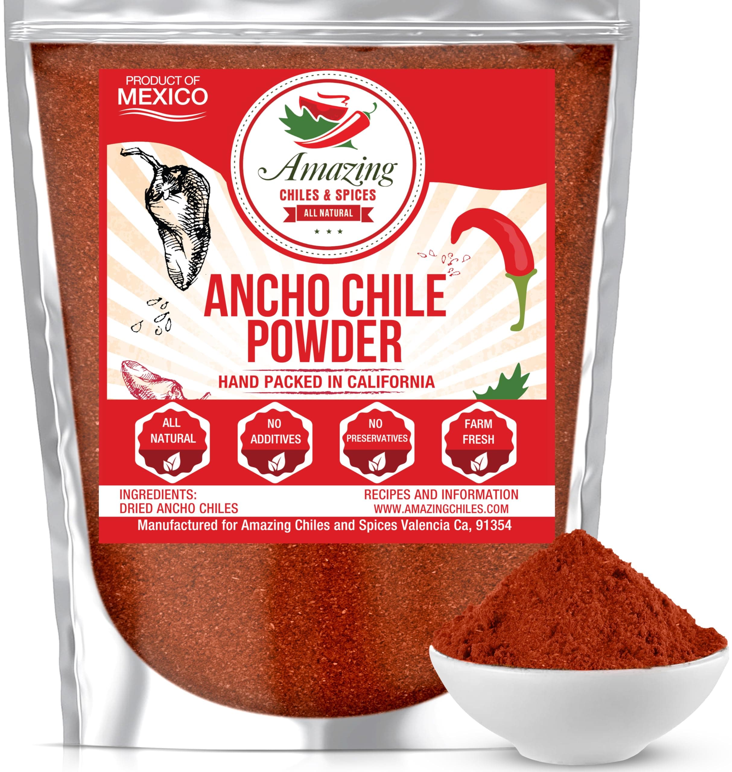 Ancho Chile Pepper Powder Ground (4oz) – Natural and Premium. Great For Recipes Like Mexican Mole, Sauces, Stews, Salsa, Meats, Enchiladas. Mild to Medium Heat, Sweet & Smoky Flavor.
