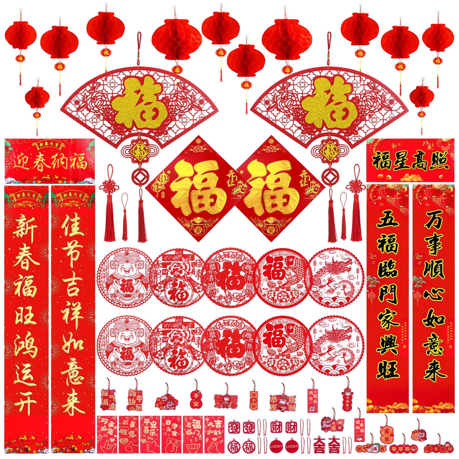 68PCS Chinese New Year Decorations 2026 - Year of the Horse Lunar New Year Decor Set with Spring Festival Couplets Red Envelopes Lanterns Fu Window Stickers & Lucky Hanging Ornaments