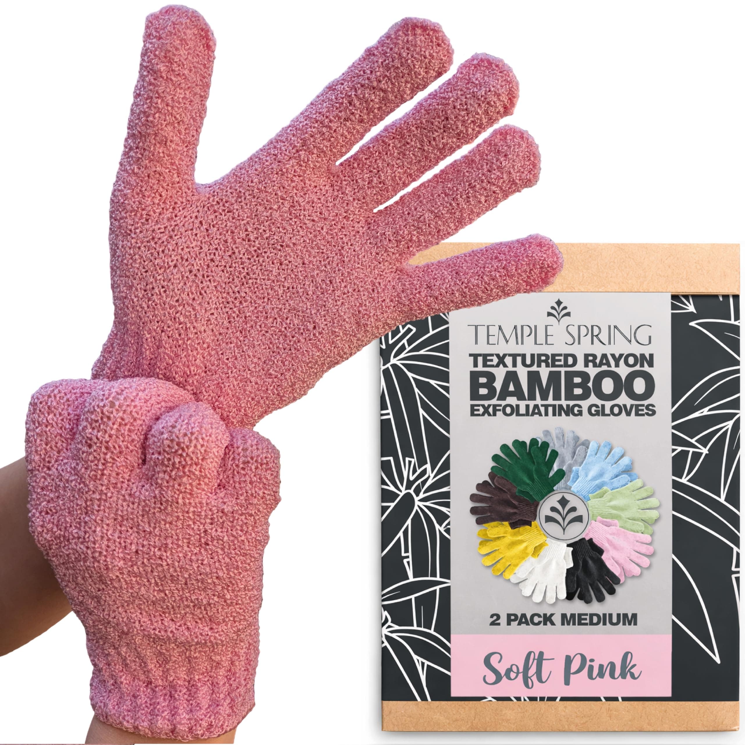 Temple Spring Exfoliating Glove, Rayon Bamboo Body Scrubber, Loofah Exfoliating Mitt, Shower Scrubber Wash Cloth, Body Exfoliator Scrub, Loofa Shower Gloves Bath Sponge - Pink