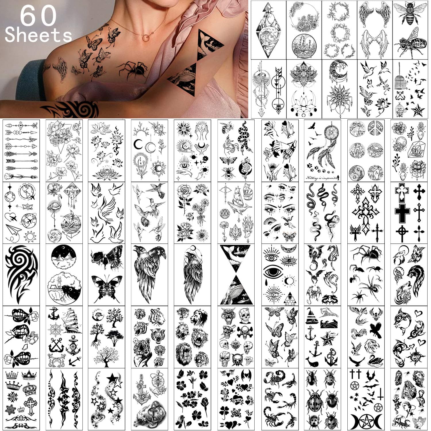 Yazhiji Waterproof Temporary Tattoos - 60 Sheets Tiny Fake Tattoo, Flowers Crowns Stars Animal Butterfly Collection Tats for Kids Adults Men and Women