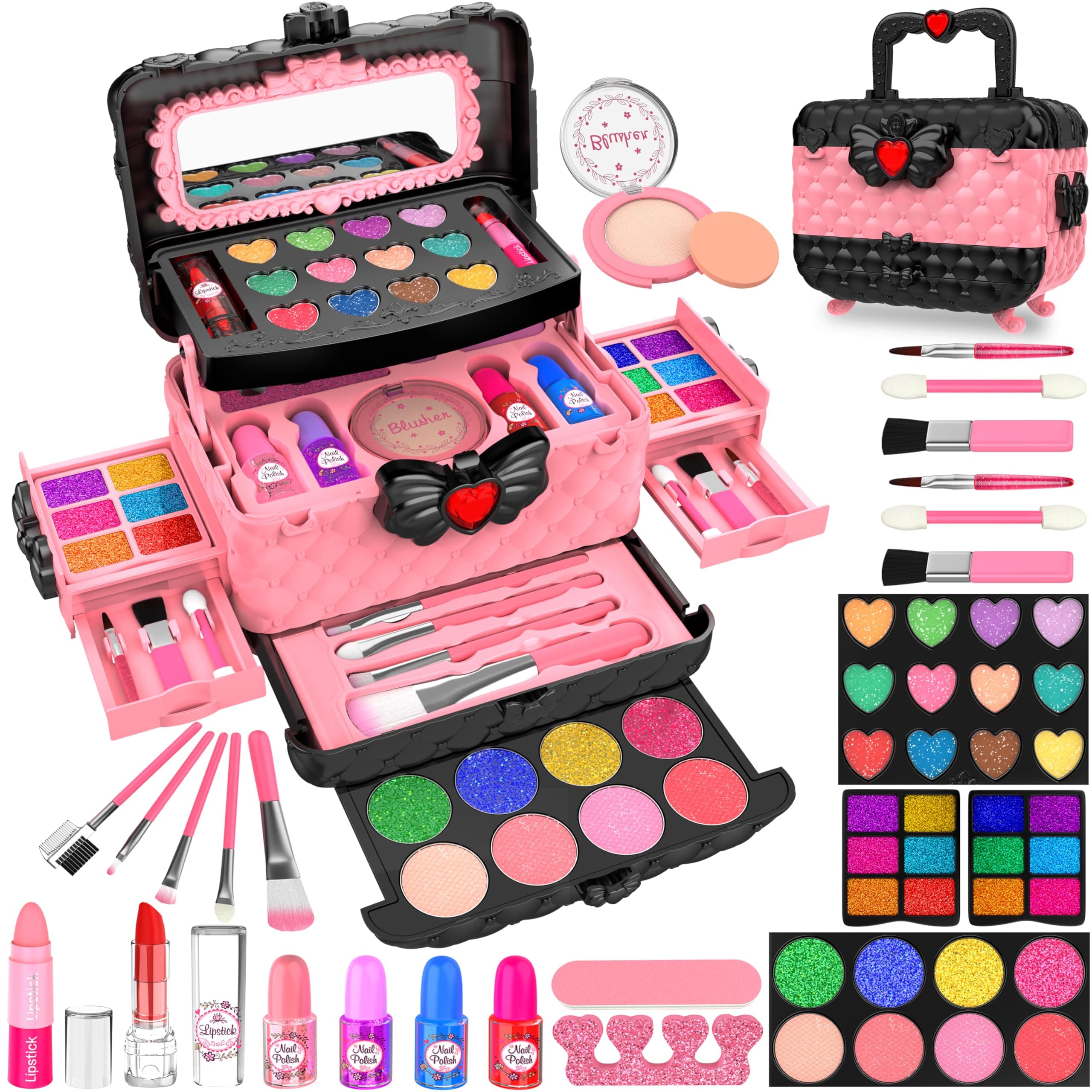 54 Pcs Kids Makeup Kit for Girls, Princess Real Washable Pretend Play Cosmetic Set Toys with Mirror, Birthday Gifts for 3 4 5 6 7 8 9 10 Years Old Girls Kids (Pink)