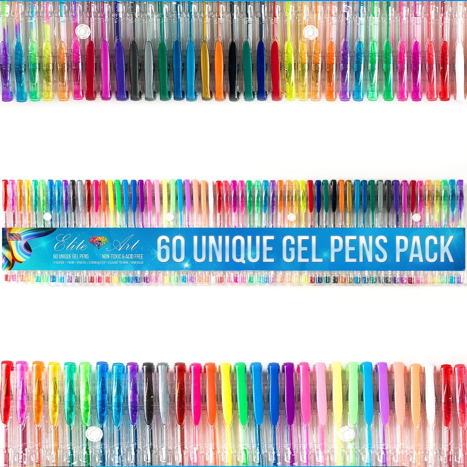 60 Unique no Duplicates High Quality Gel Pens Multipack of Standard Glitter Metallic Neon Pastel Swirl Art Set for Adult Colouring Ink Pens Sketching Drawing Doodling Great Gift Non-toxic Acid Free