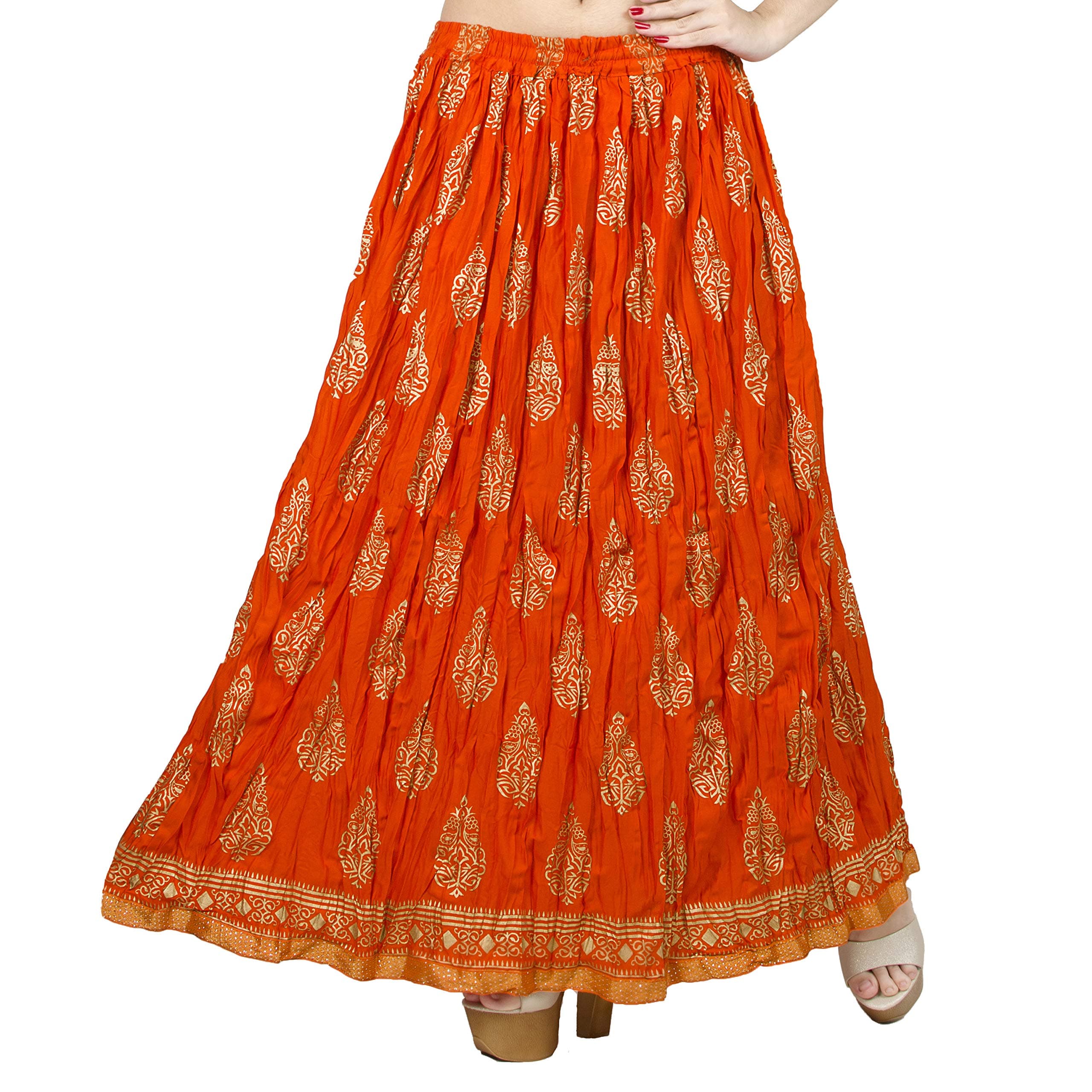 Chadrakala Women's Rayon Cotton Indian Crushed Flaire Long Maxi Skirt Gold Block Print,Free Size (S101)