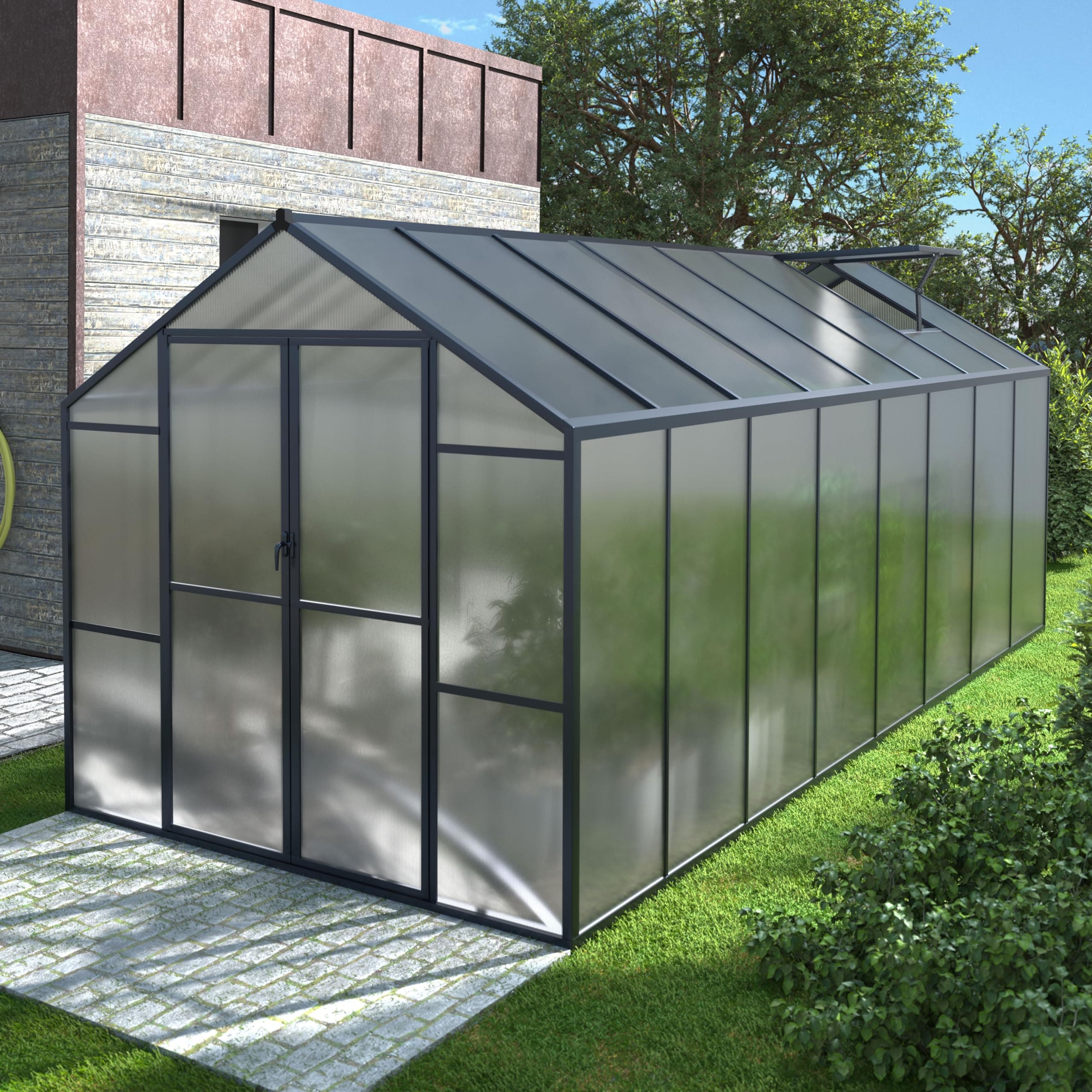 VEIKOU Greenhouse, 8x16 FT Greenhouse for Outdoors, Polycarbonate Greenhouse with Vents, Riveted Structure, Aluminum Frame, Green House for Backyard, Garden, Gray