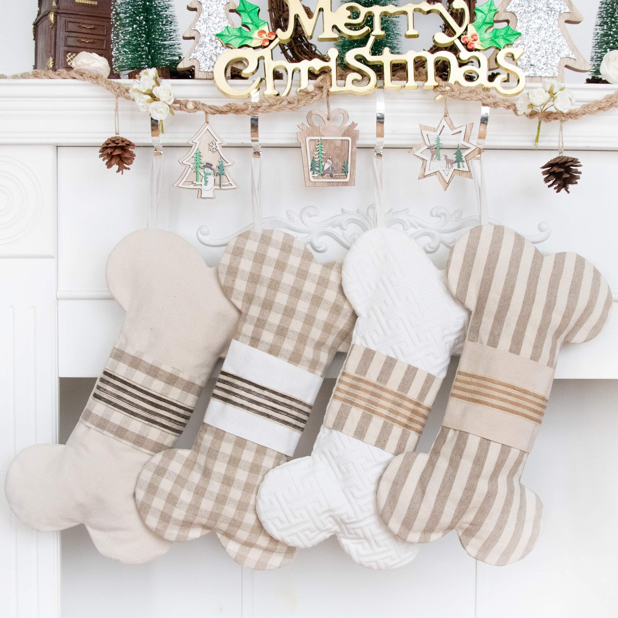 LUBOT 1 Ps Cream 18" Dog Christmas Stockings Bone Pet Plaid/Rustic/Farmhouse/Country Canvas Fireplace Hanging Handmade Xmas Stocking Decorations for Family Holiday Season Decor 2#