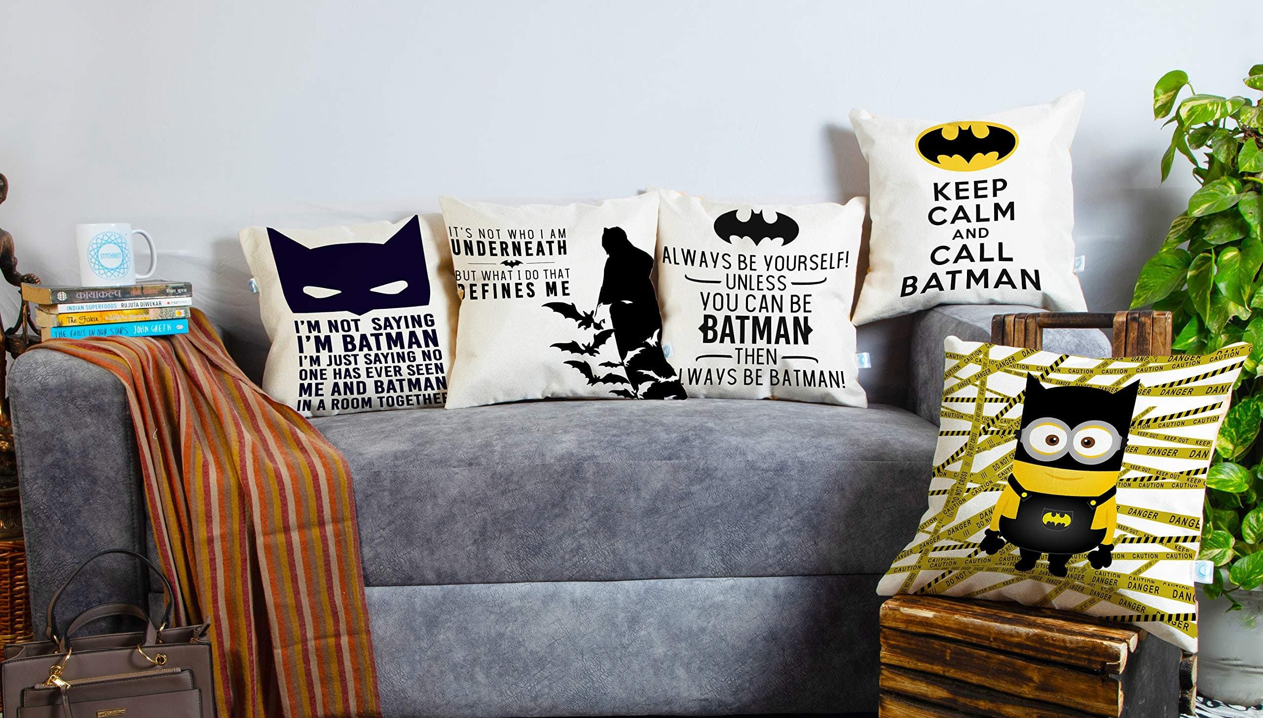 STITCHNEST Satin Batman Cushion Covers with Hidden Zip, 12x12 inch (Multicolour) -Set of 5