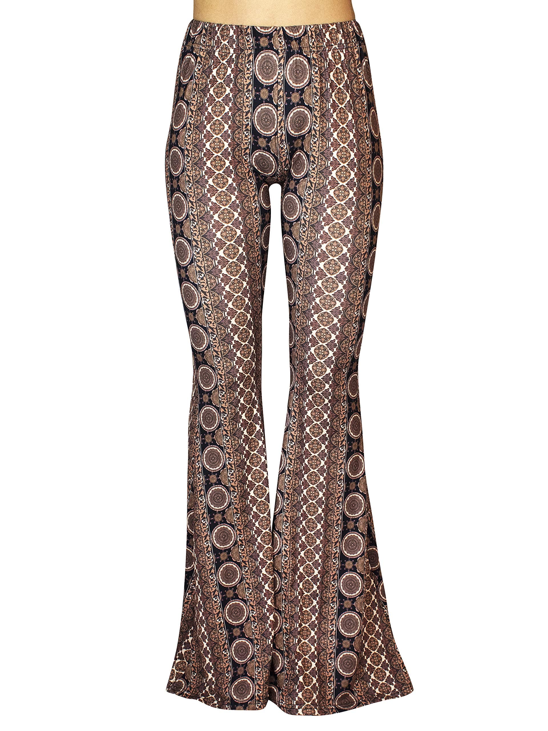 Daisy Del Sol High Waist Gypsy Comfy Yoga Ethnic Tribal Stretch 70s Bell Bottom Flare Pants (Small, Black Damask)