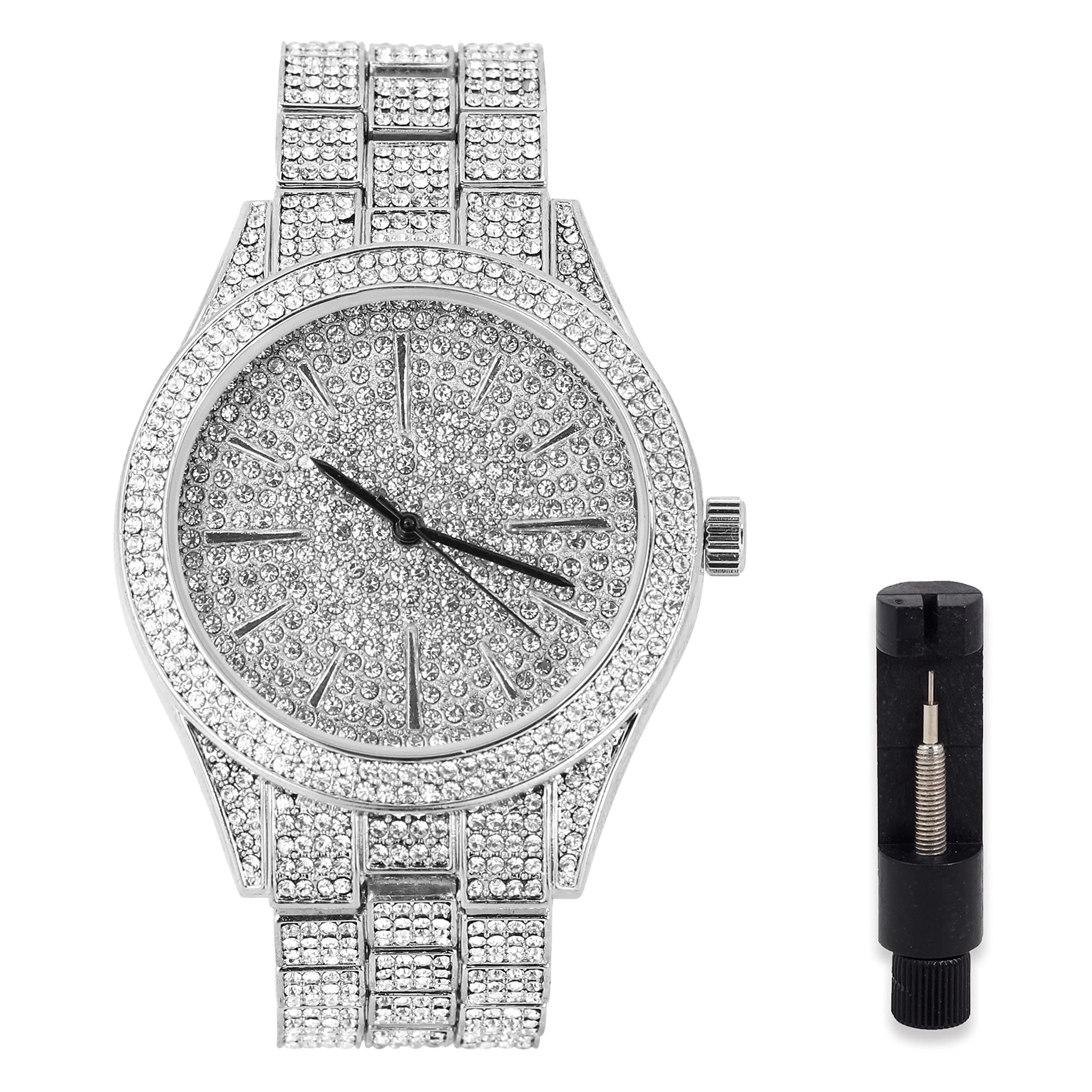 Men's Luxury 43mm Iced Diamond Watch - Simulated Diamonds, Adjustable Band, Quartz Movement - 14k Gold, Silver & Two-Tone Finish Options