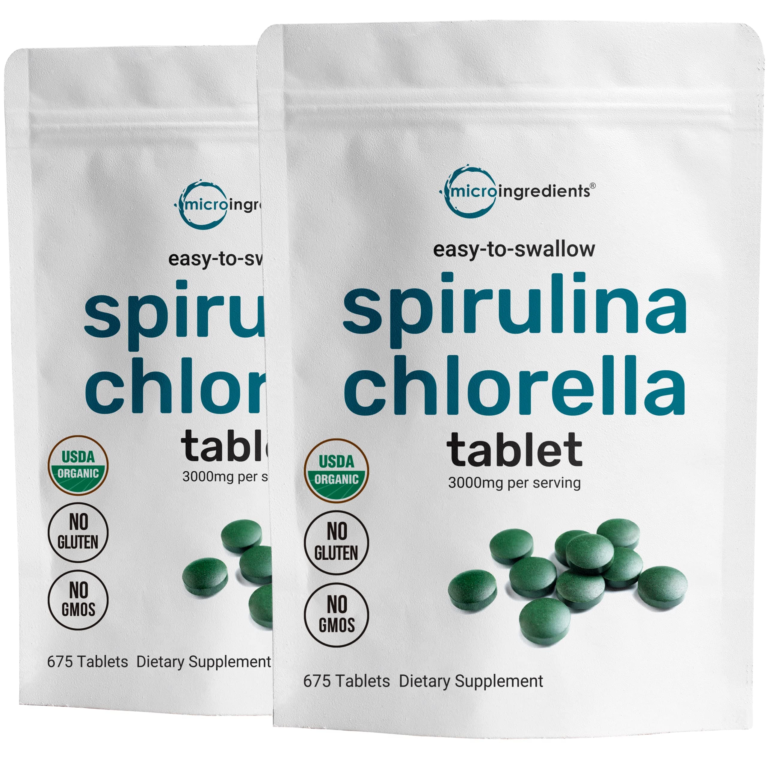 Micro Ingredients 2 Pack Organic Spirulina and Chlorella Supplement, 3000mg Per Serving, 1350 Mini Tablets Each, Rich in Chlorophyll and Antioxidant, No GMOs, Vegan Friendly, Product of Taiwan