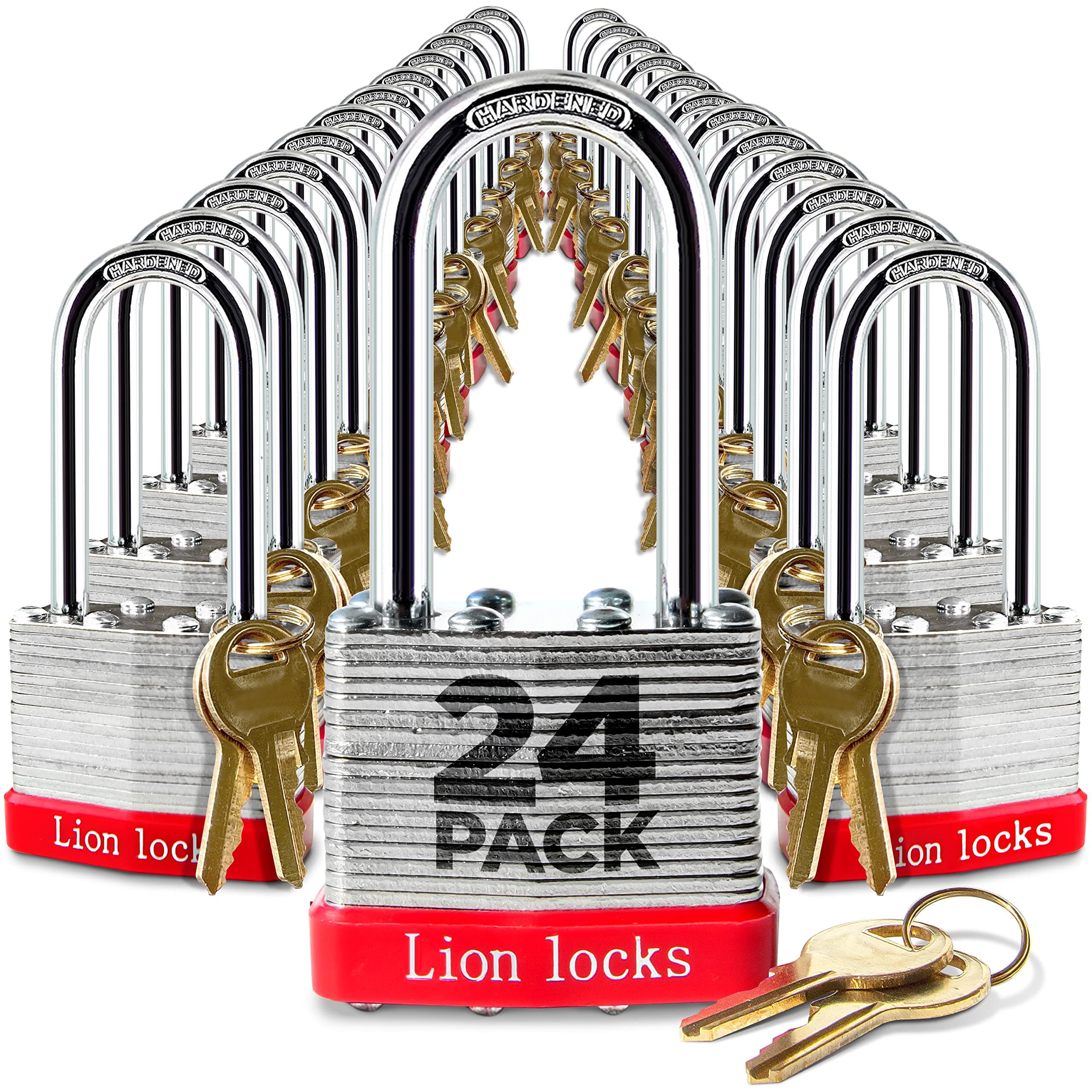 Lion Locks 24 Keyed Alike Padlocks with 2" Long Shackle, 48 Keys - Padlocks for Outdoor Use, Locks with Keys, Hardened Steel Case, Pick Resistant Brass Pin Cylinder for Hasp Latch, Locker, Gate