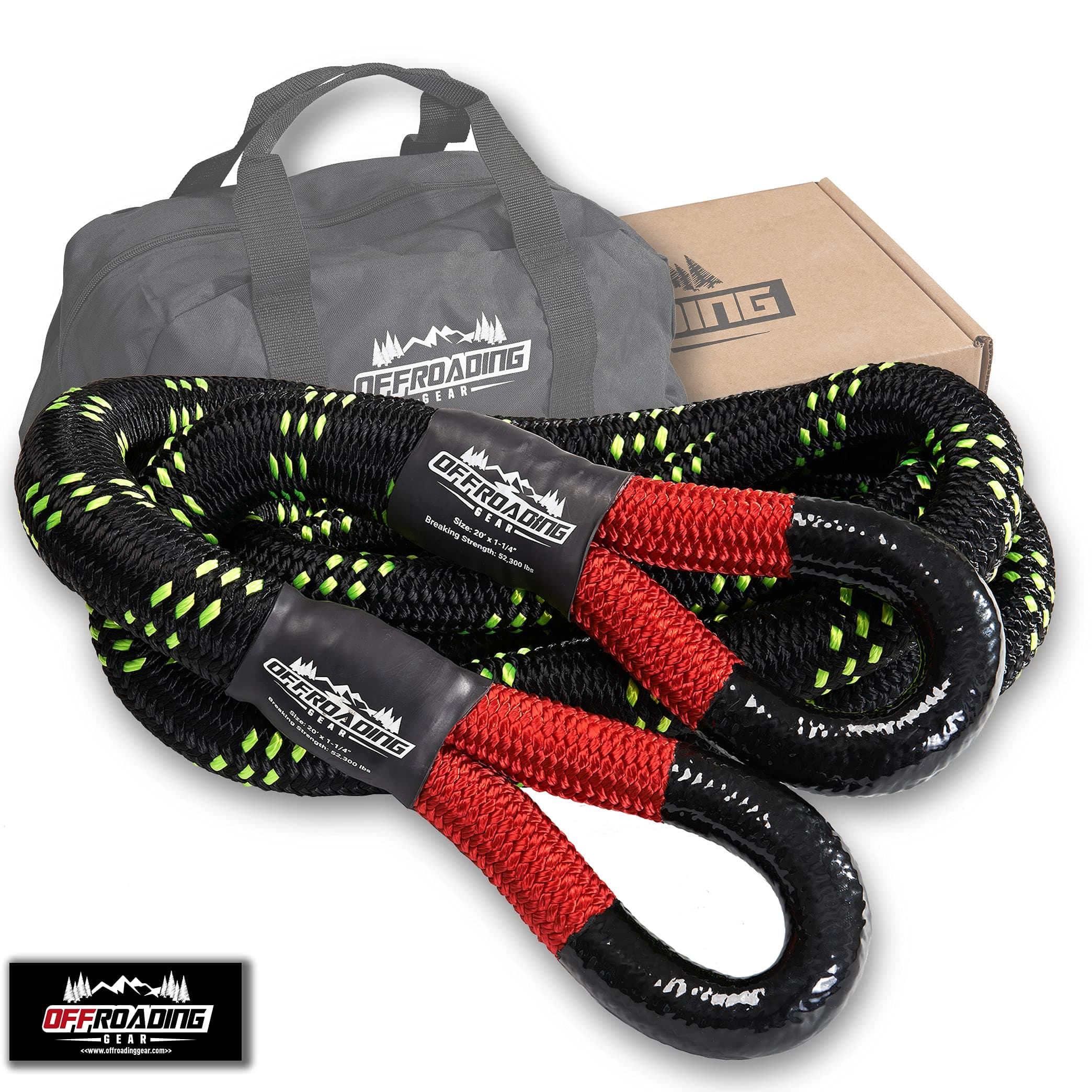 Offroading Gear 4x4 20'x1-1/4 Kinetic Recovery Rope & Tow Rope Kit| Black (52,300 lbs) | Elastic Strap | Heavy-Duty Loops | Truck |ATV| UTV| Jeep| Car| SUV| Etc.