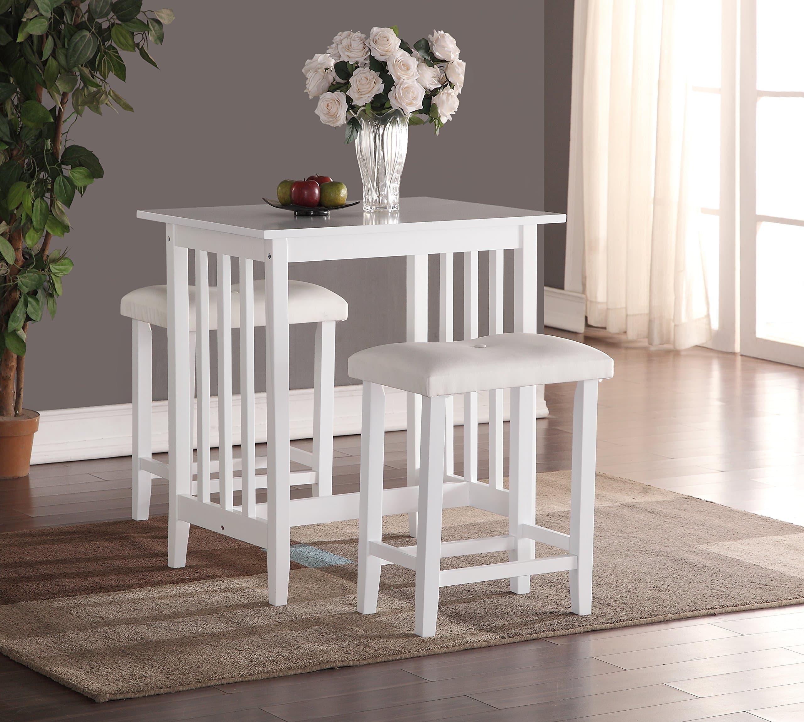 Roundhill Furniture 3-Piece Counter Height Dining Set with saddleback Stools, White