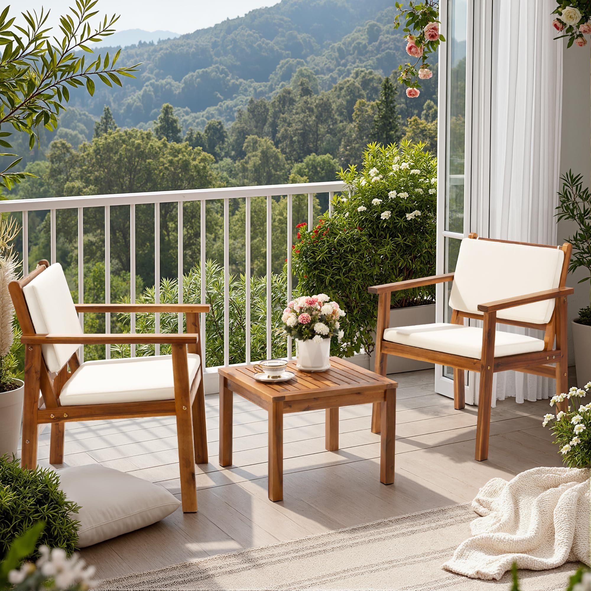 Flamaker Patio Chairs 3 Piece Acacia Wood Patio Furniture with Coffee Table & Cushions Outdoor Conversation Set Balcony Chairs for Porch, Deck, Backyard