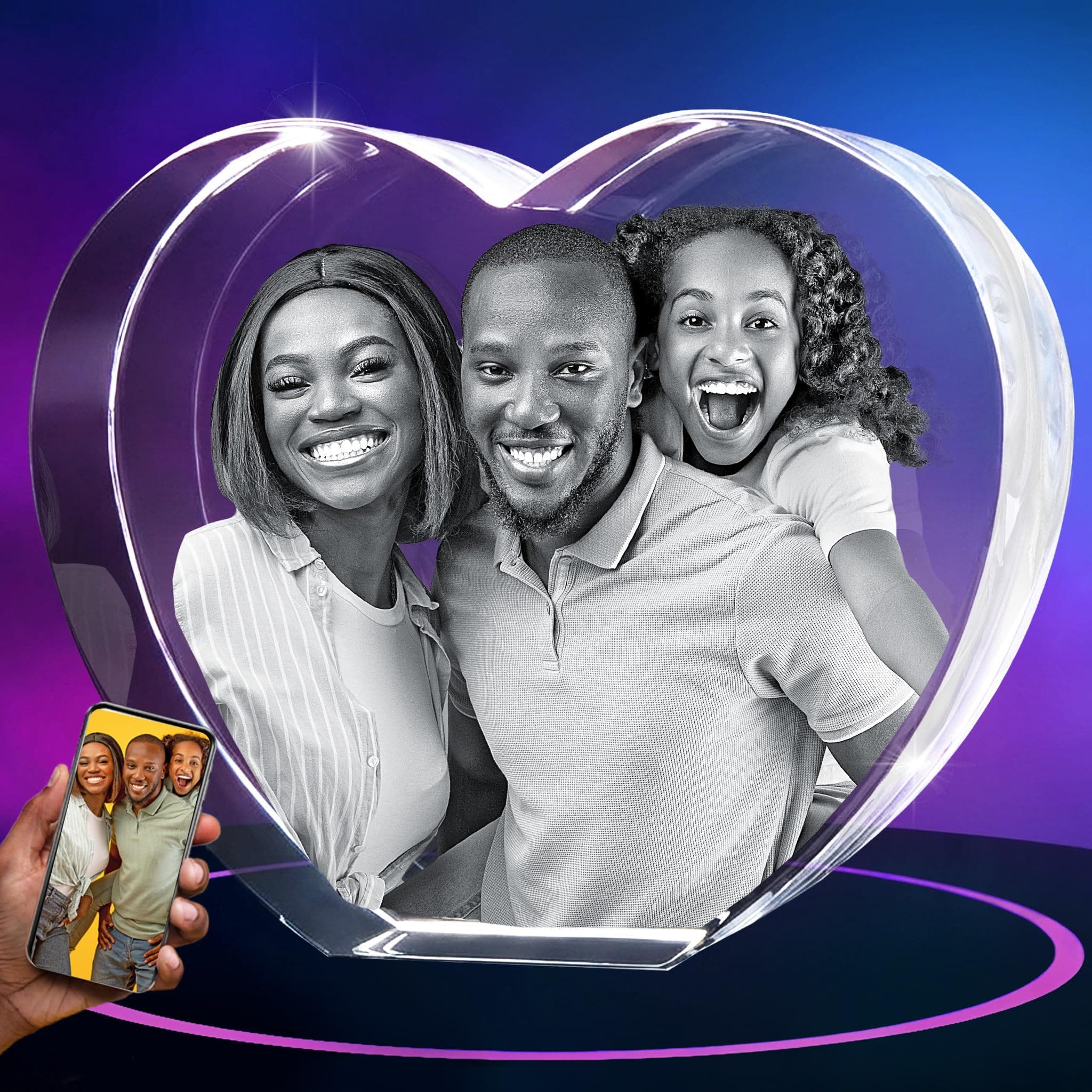 Crystal Photo, Personalized for Mom, Women, Wife, Her, Him, Men, Husband, Grandma, Customized Gift with Your Own Photo, Custom Glass 3D Laser Etched Picture Frame, Heart