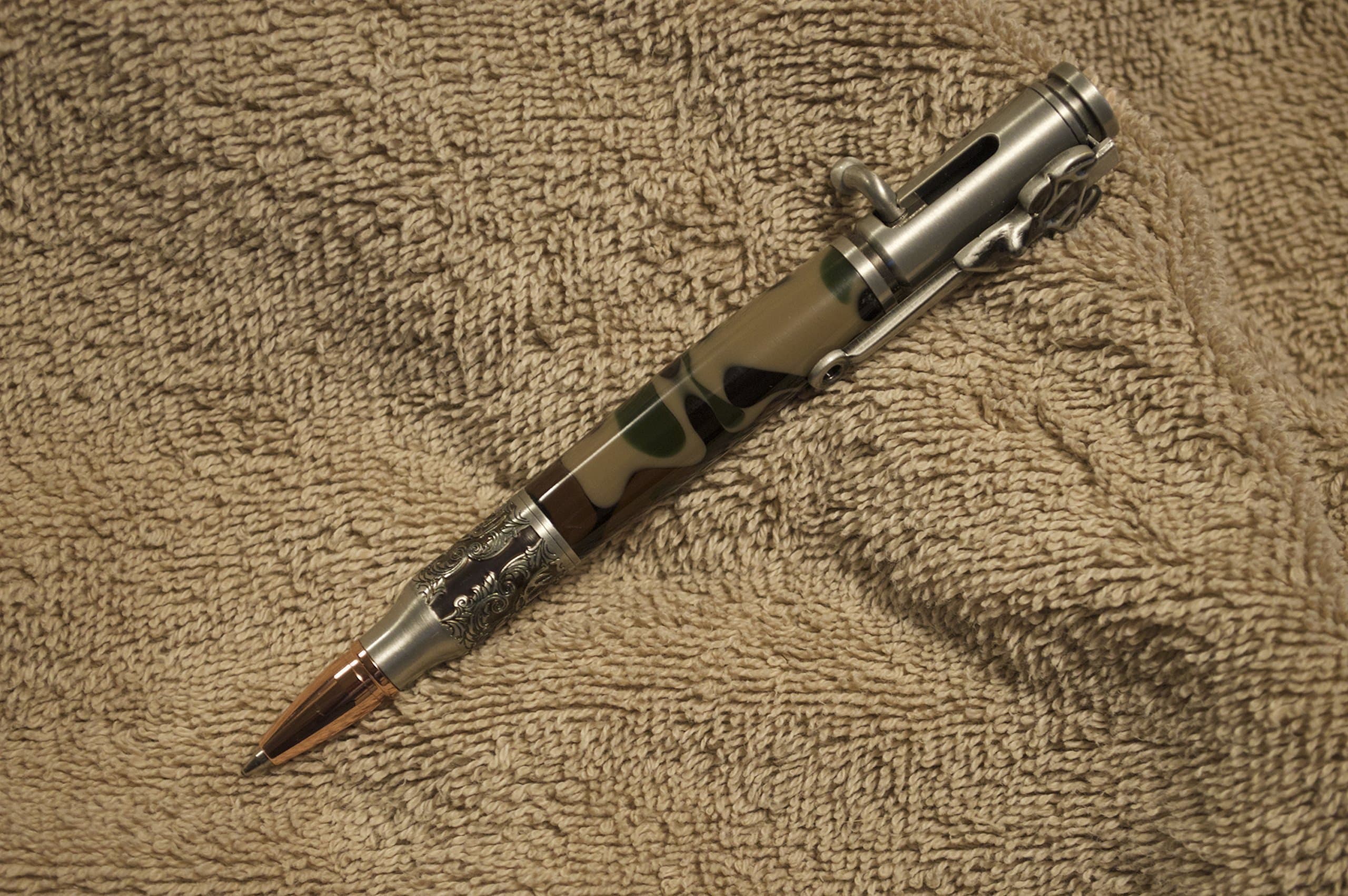 Antique pewter deer hunter bolt action pen with woodland camo