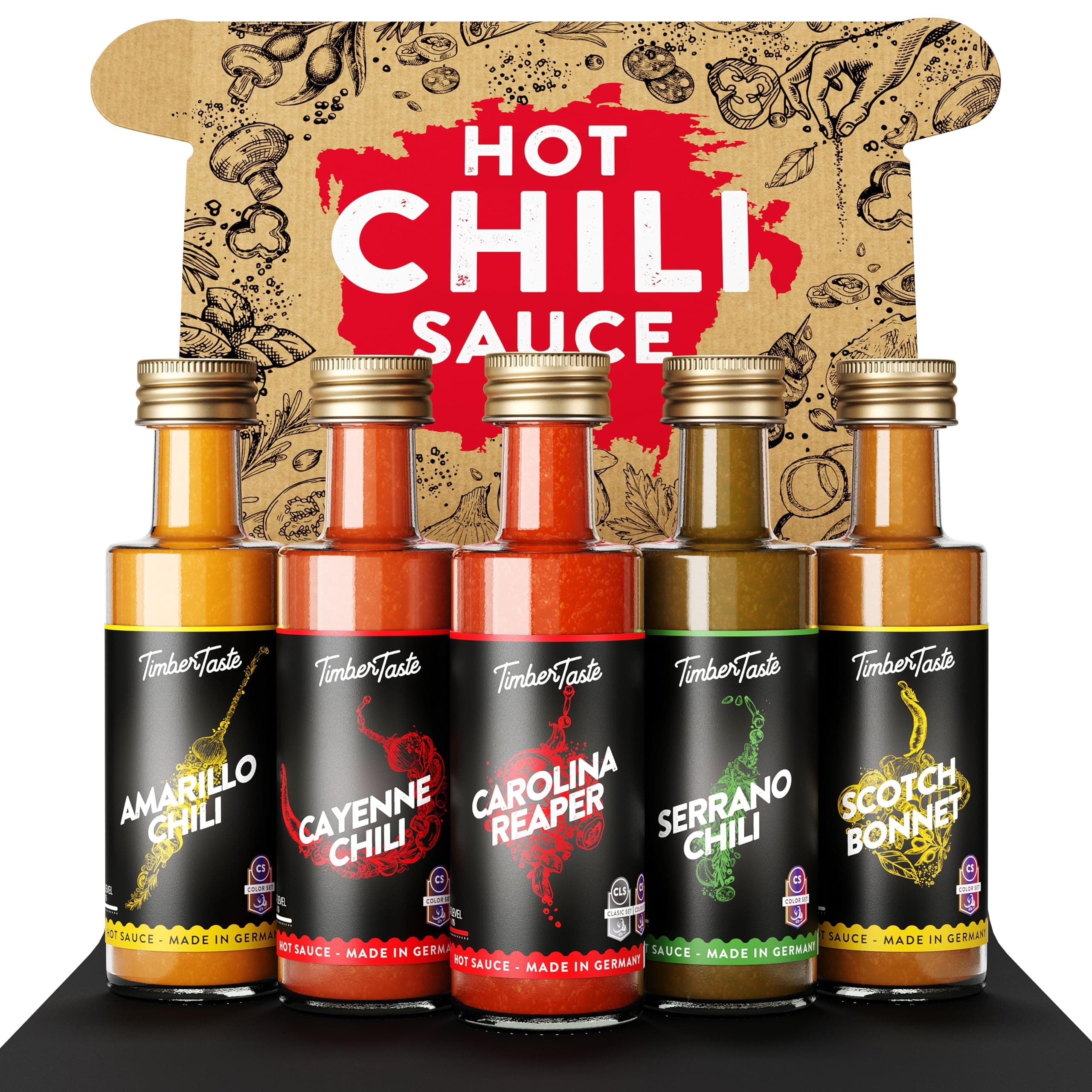 TIMBER TASTE® Color Hot Sauce Gift Set [5x1.35 oz] - Hot Sauce Variety Pack with Gourmet Spicy Condiments in Mini Bottles | Gourmet Sampler for Him | Spicy Food Picks for Men & Women | Hot Ones Style