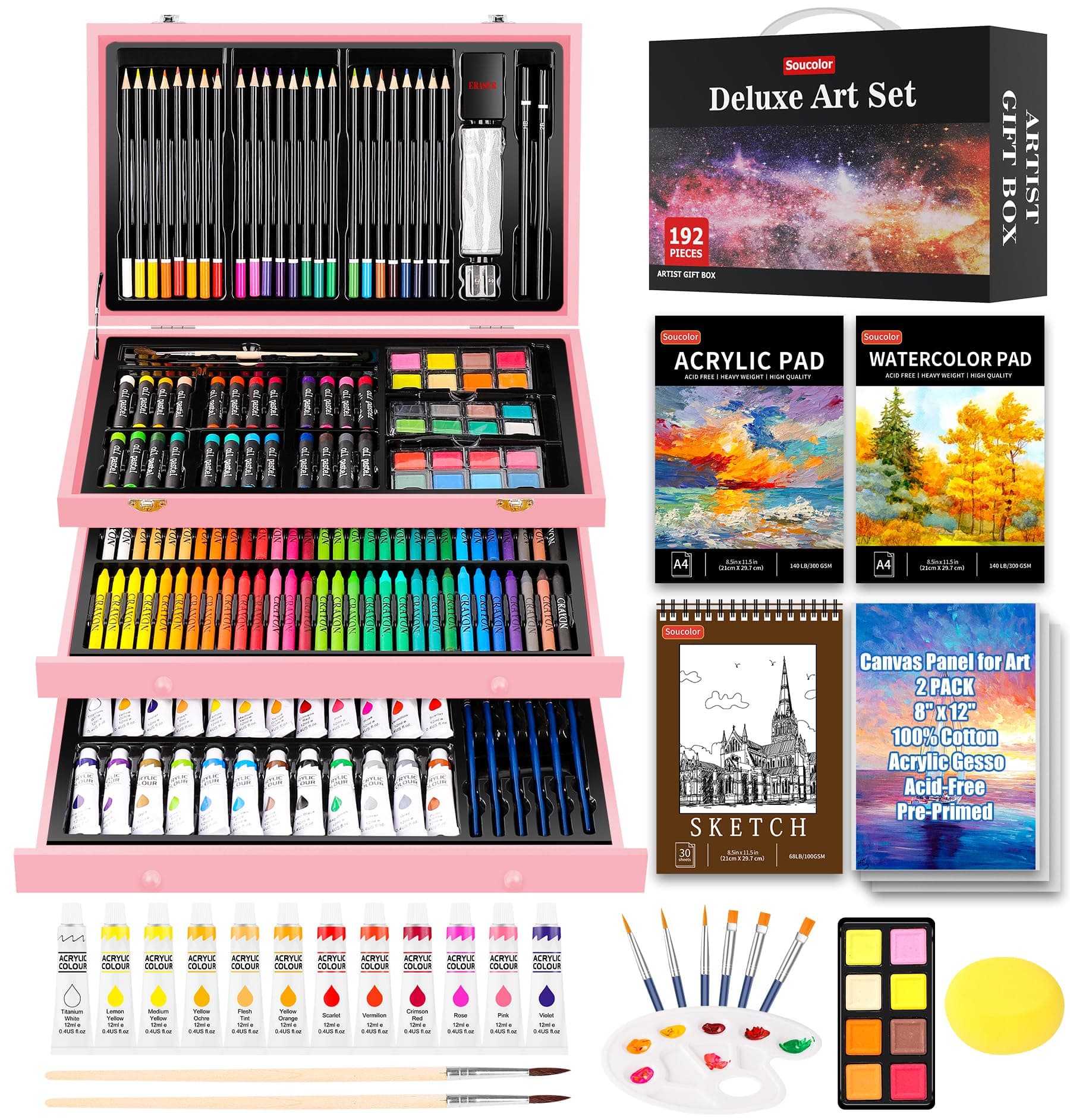 Soucolor Art Kits Art Sets Gifts for Women Teens Girls Kids, Aesthetic Cute Preppy Stuff School Supplies, 192-Pack Deluxe Drawing Painting Supplies, Acrylic Pad, Watercolor Pad, Sketch Book, Canvases