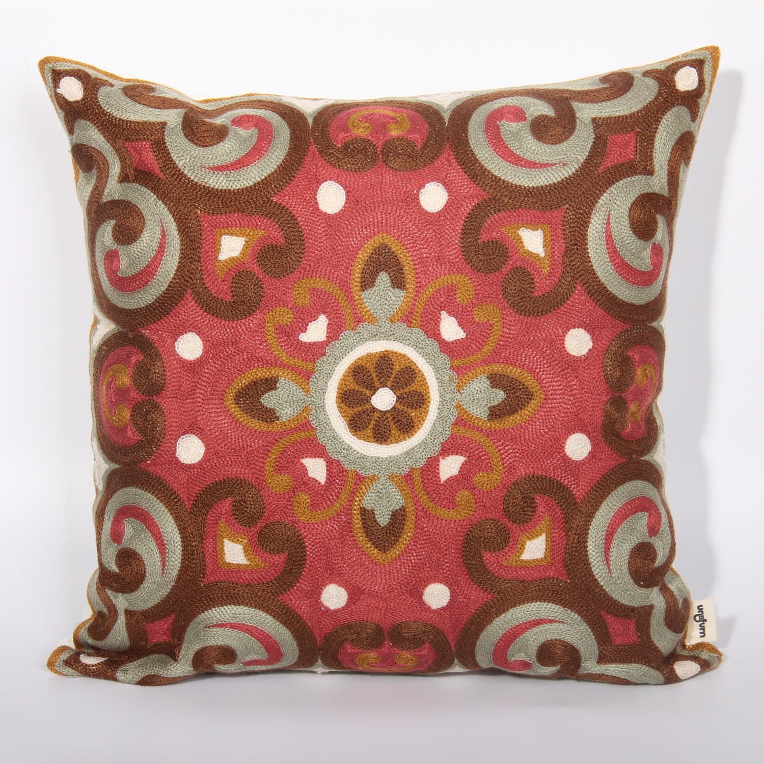 Uniifurn Vintage Brick Red Full Embroidered Throw Pillow Cover, Accent Pillowcase 18x18inches