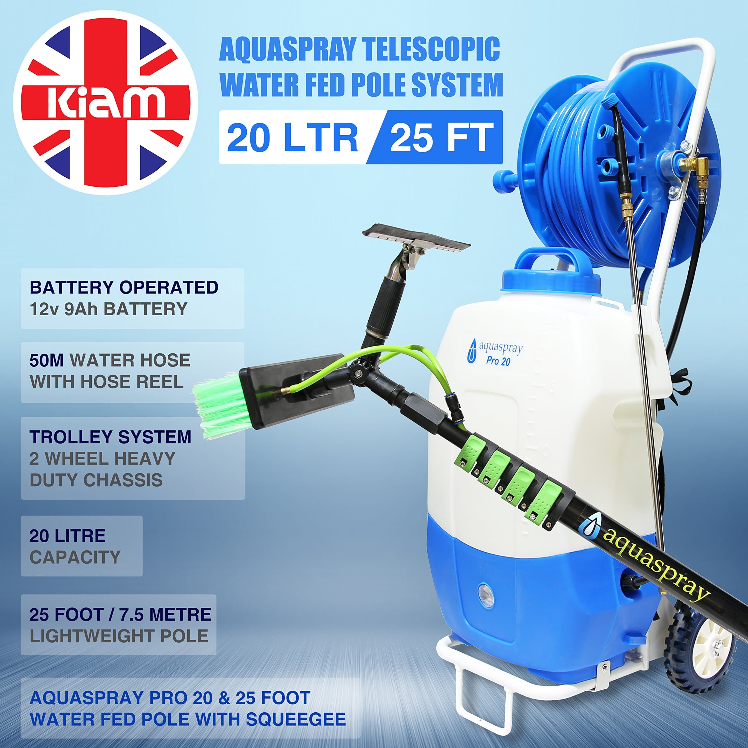 Kiam Power ProductsAquaspray Pro 20 Battery Operated Water Spray Tank Trolley System (20 Litre) with 25 Foot Telescopic Water Fed Pole and Squeegee for Window Cleaning