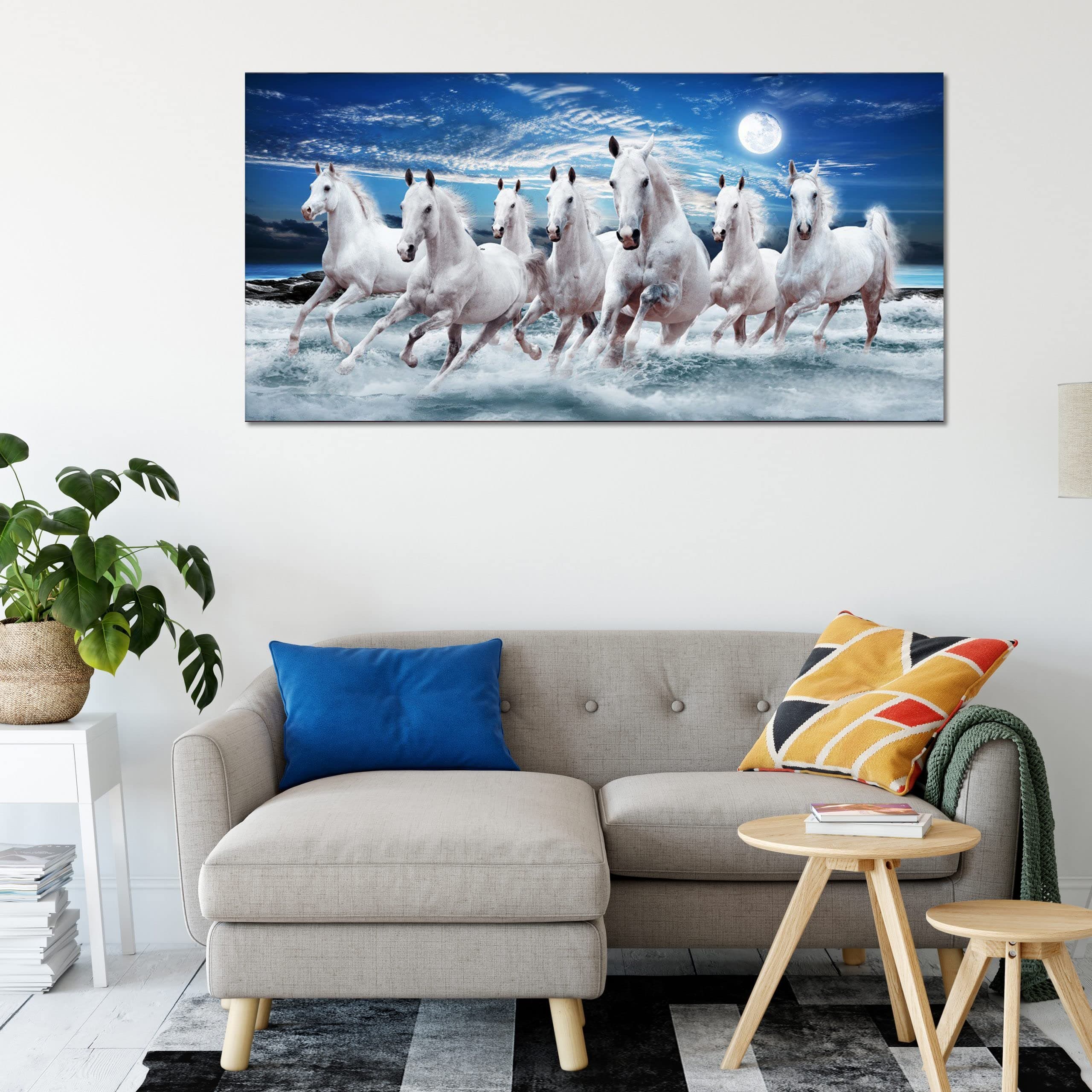 Sehar Crafts Seven Horses Canvas Wall Painting Vastu with Wooden Frame, Multicolour, 7 Horses 33 x 15 Inches.