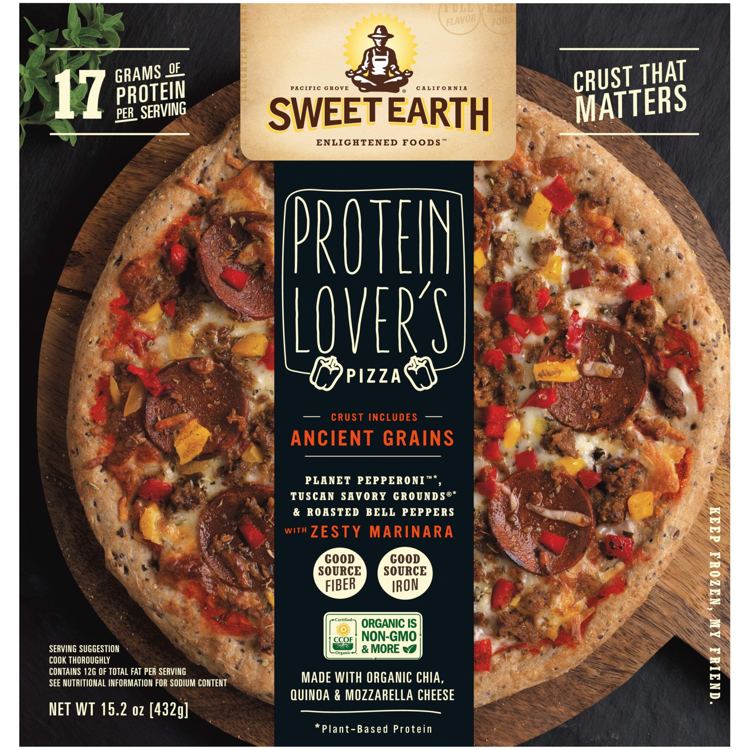 Sweet Earth Protein Lover’s Frozen Pizza, 15.2 oz Box – Delicious Vegetarian Frozen Pizza Made with Plant-Based Meats, 16g of Protein Per Serving