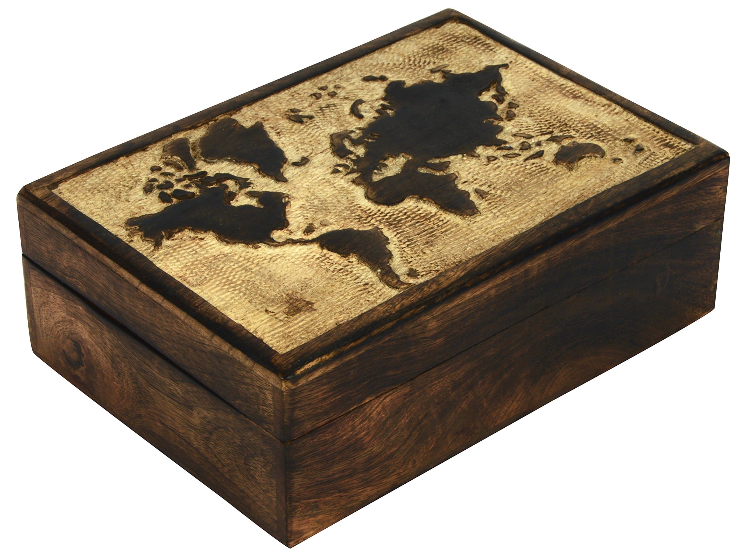 Multipurpose Decorative Wooden Jewelry Trinket Holder Keepsake Storage Box with World Map Carving/Handmade : 10x7x3.25 (LxBxH)