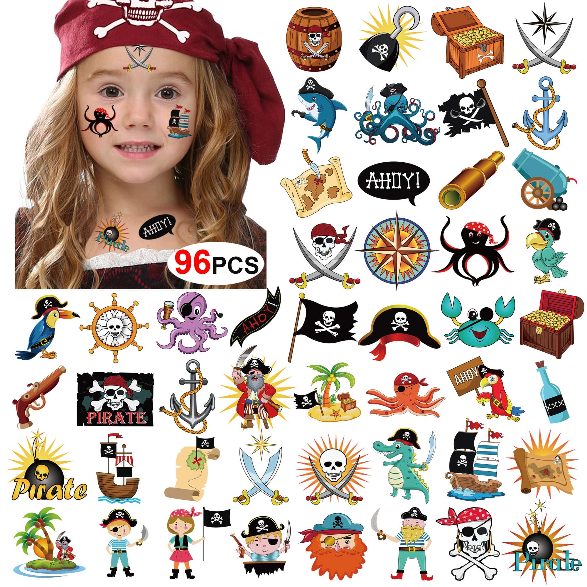 Konsait Pirate Temporary Tattoos (96 Pcs) - Pirate Themed Kids Party Favors - Water Resistant - Multicolor - Cartoon Designs