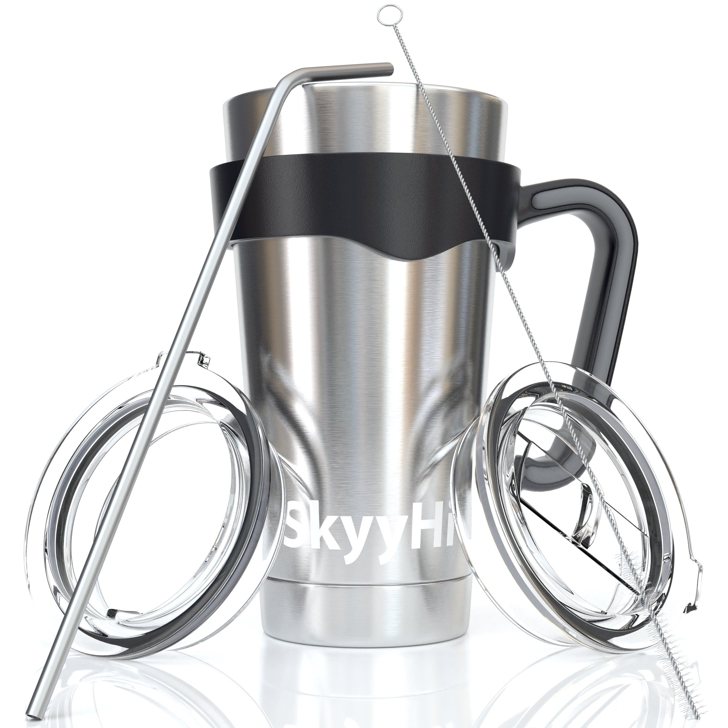 6-Piece Stainless Steel Vacuum Insulated Tumbler Set (20 oz or 30 oz Tumblers), Tea Cup or Coffee Travel Mug with Handle, 2 Lids, Straw & Brush - Double Wall Insulation for Hot & Cold Drinks