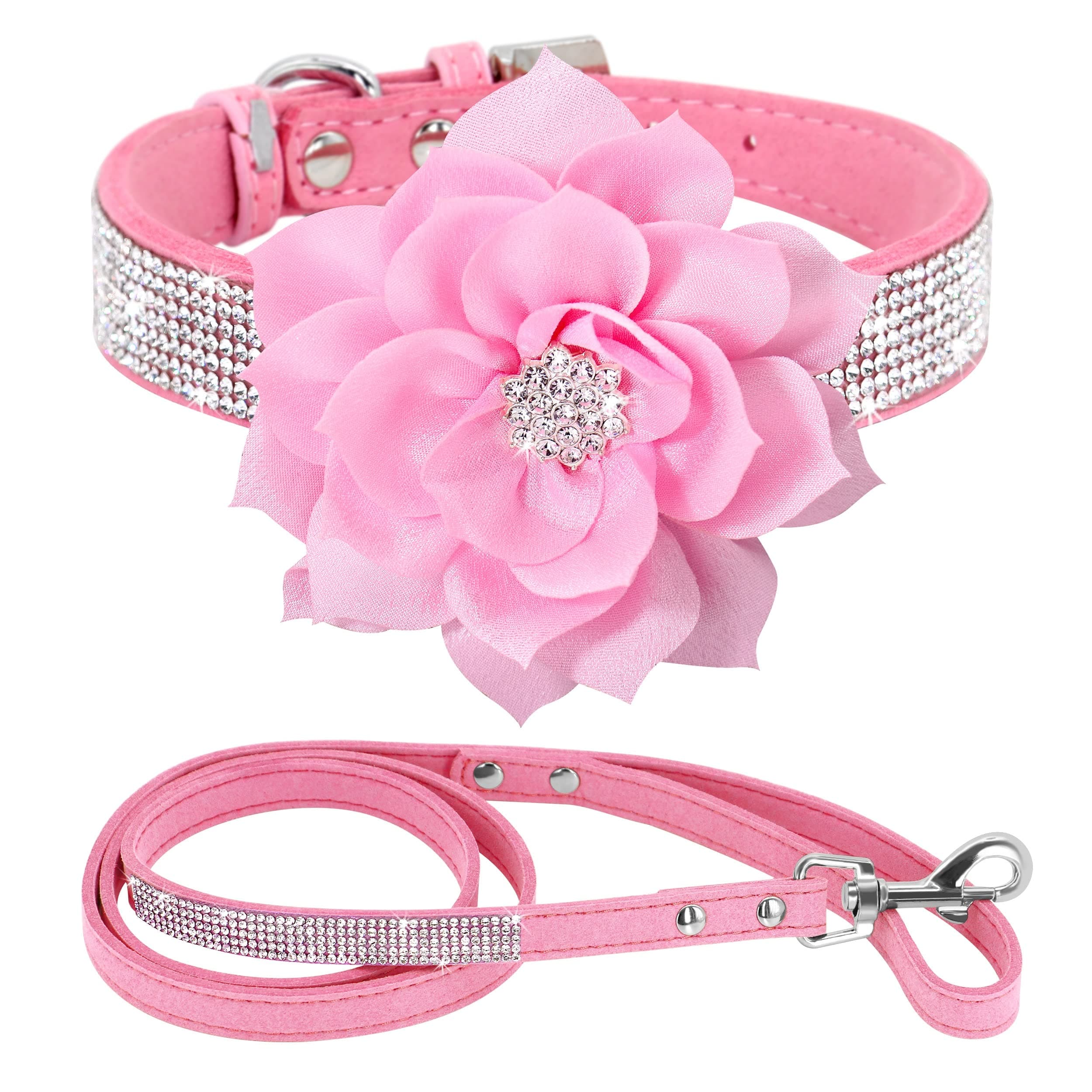 PET ARTIST Rhinestone Dog Collar and Leash Set, Sparkling Girl Dog Collars with Bling Diamonds, Soft Suede Leather Pink Pet Collar with Cute Flower for Small Puppy Dogs Walking Party Wedding,S