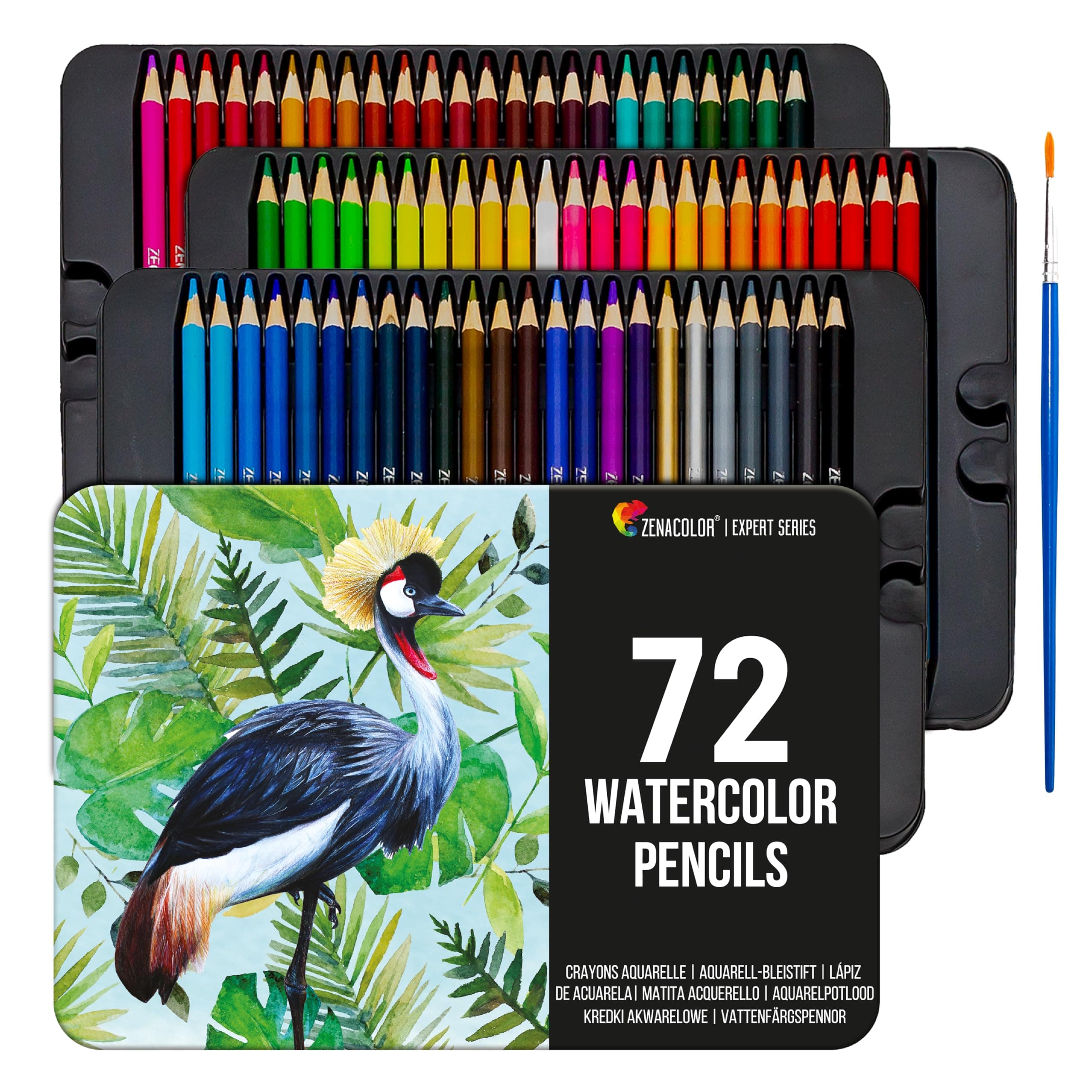72 Watercolor Pencils, Numbered with Brushes, Zenacolor Metal Box - Watercolor Pencils Set, Water Soluble 24 Colors, Drawing Materials, Adult Coloring, Artist