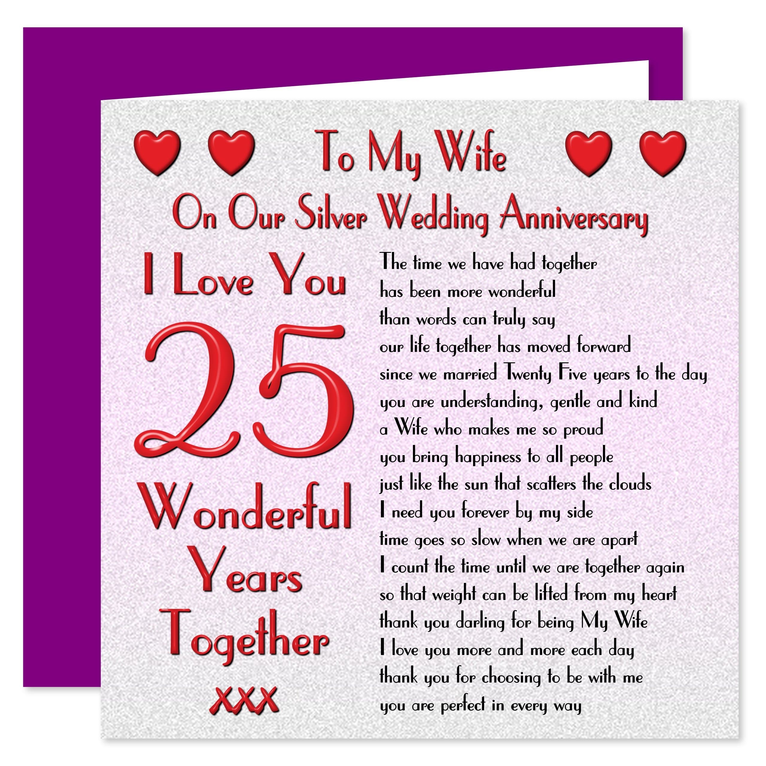 My Wife 25th Wedding Anniversary Card - On Our Silver Anniversary - 25 Years - Sentimental Verse I Love You