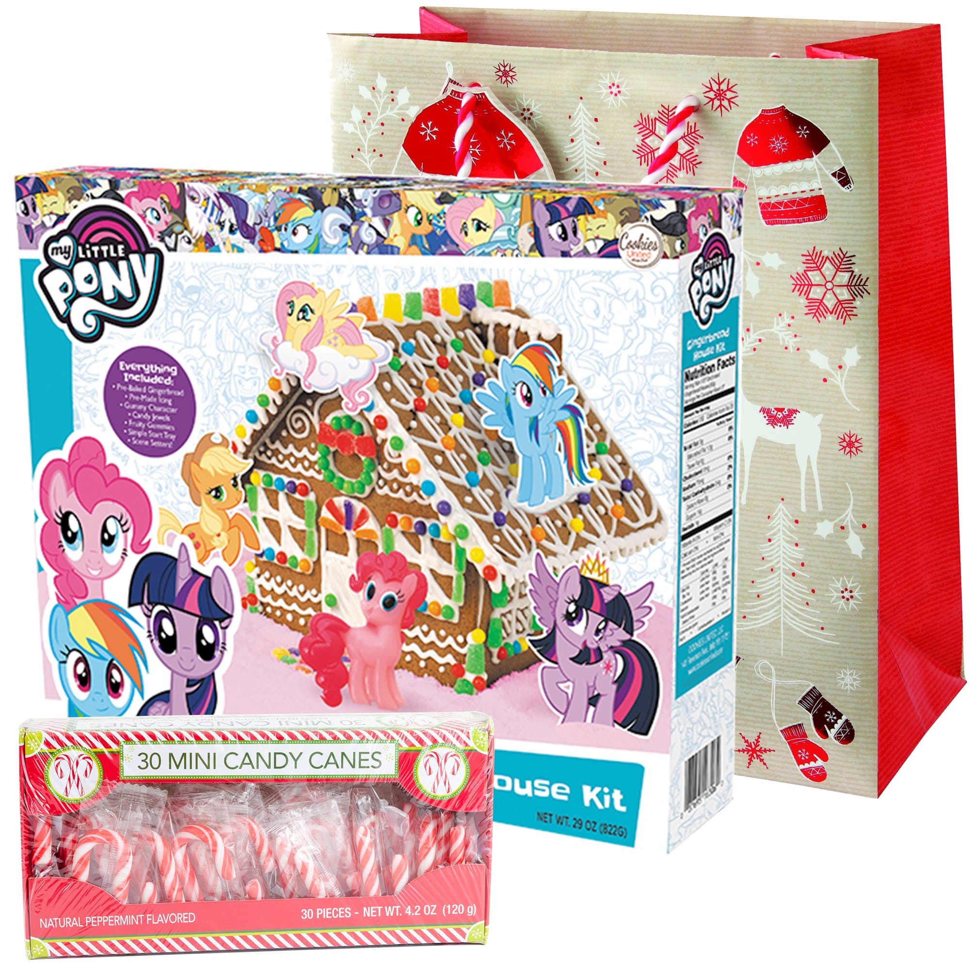 My Little Pony Gingerbread House Kit Pre-baked + Pack of 30 Mini Peppermint Candy Cane + Holiday Themed Gift Basket Bag | Christmas DIY Large 29 Oz Kit | Horses Gummies Pre-made Icing Sprinkles Tray