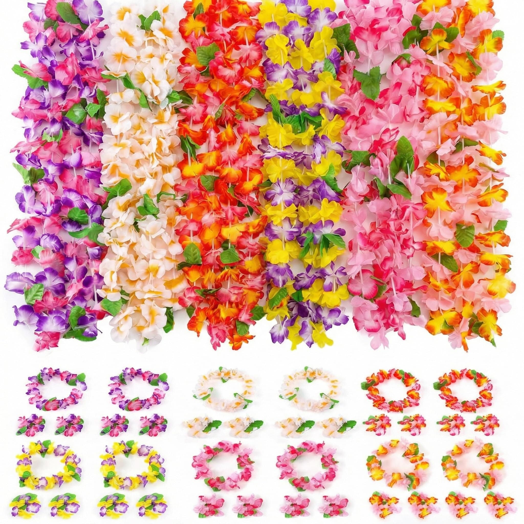 FUTUREPLUSX 48 PCS Leis for Luau Party decorations, Hawaiian Leis Tropical Hawaiian Bulk Including Colorful Flower Necklace Headbands and Wristbands for Hula Dance Party Tropical Summer Beach Theme