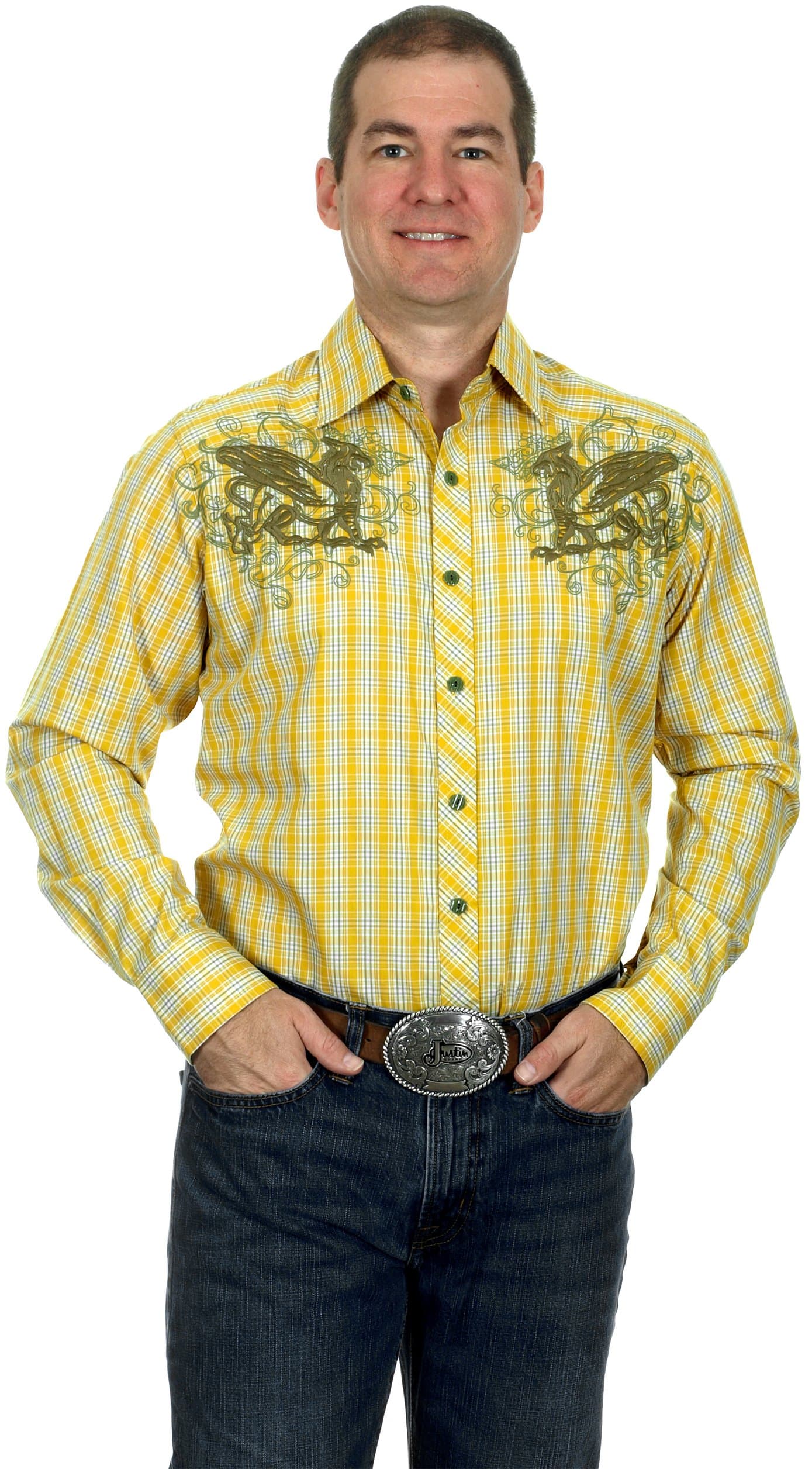 Men's Western Plaid Long Sleeve Pearl Snap Shirt with Embroidered Griffons in 4 Great Colors (X-Large, Yellow)