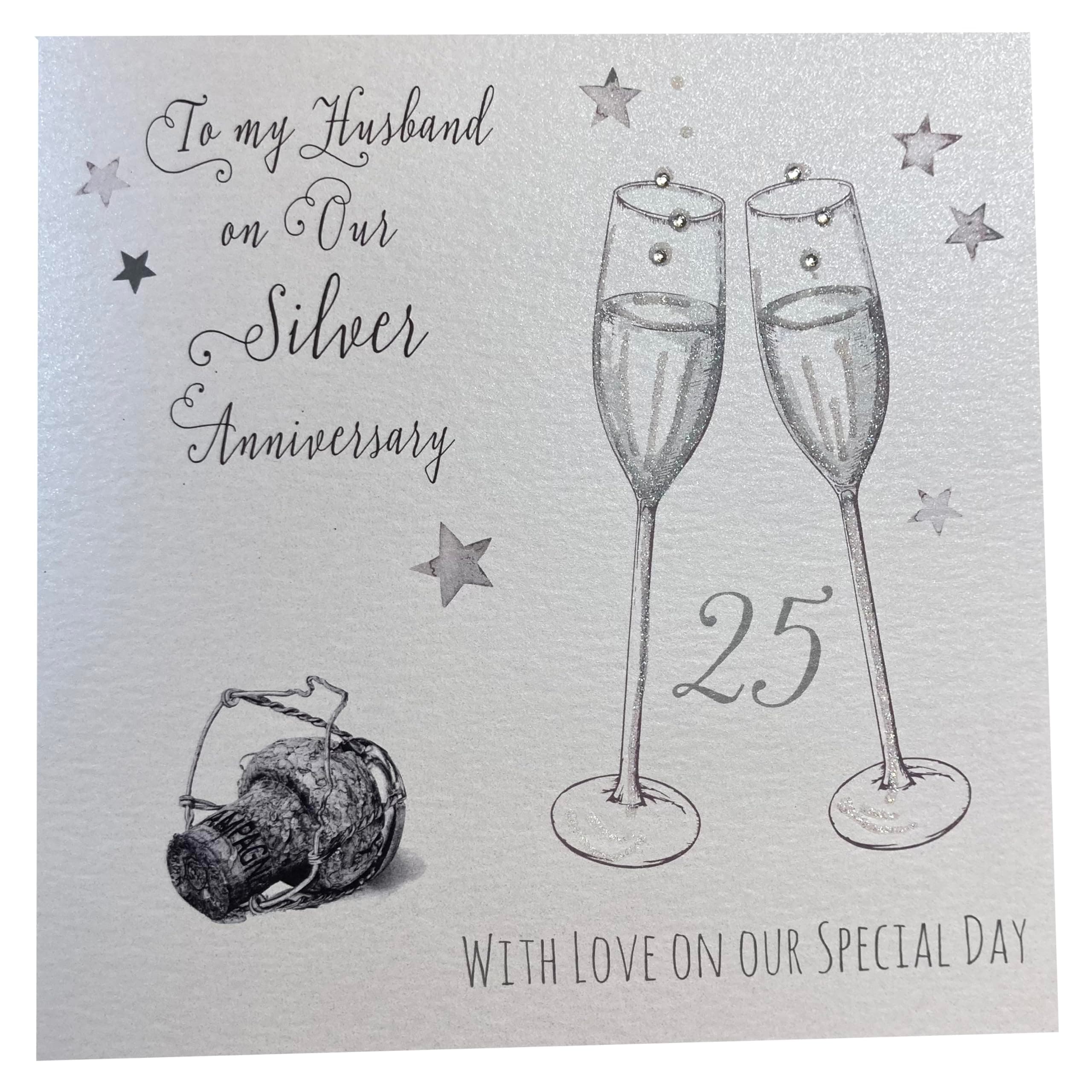 white cotton cards To My Husband, Handmade Large 25th Silver Anniversary Card Champagne Glasses, XLWA25H