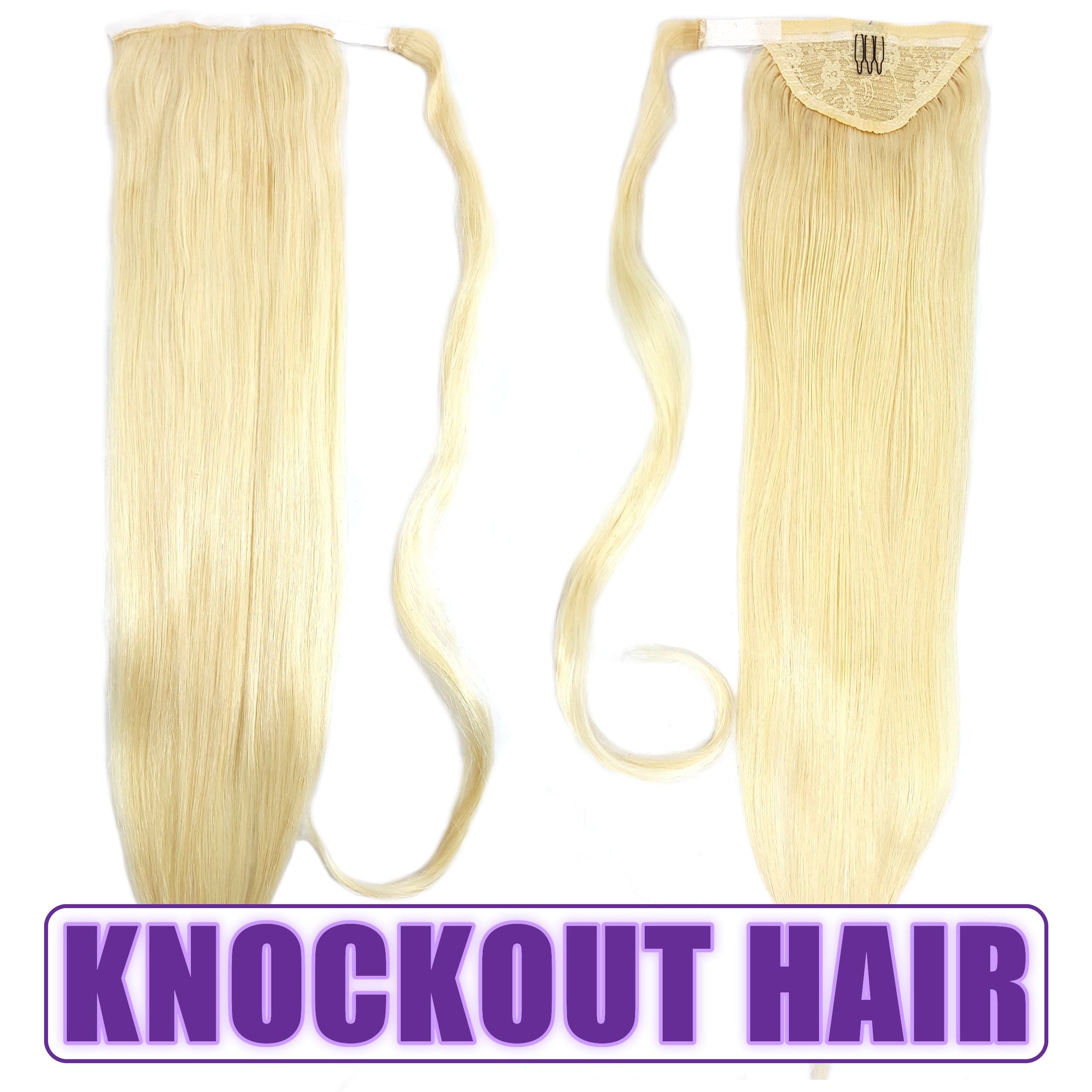 Human Hair Ponytail Extension Wrap 20” 100% Real Remy Premium Grade AAAAA 80 Grams Long Straight Human Hair Silky Soft by Knockout Hair (#60 Lightest Blonde)