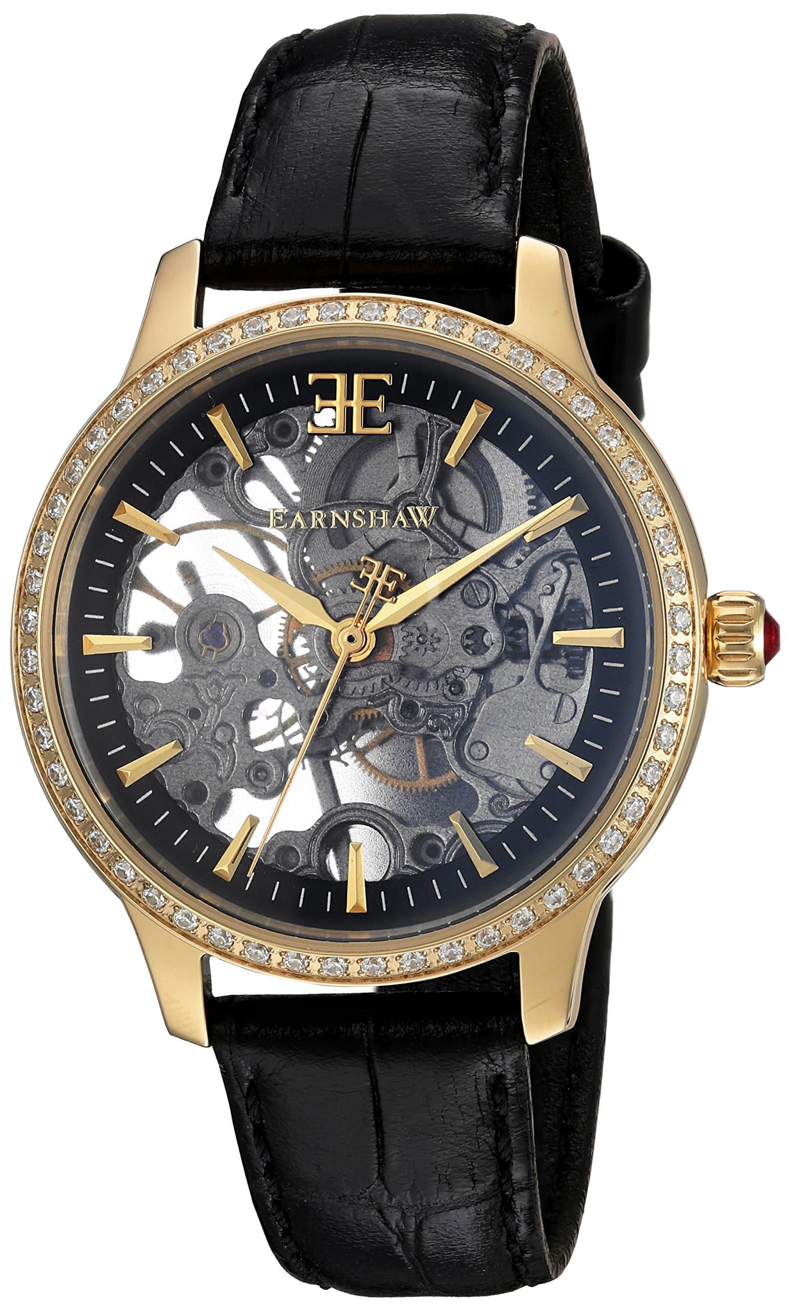 DTP Vendor A2OER3THKIFMHA Women's Lady Australis Stainless Steel Mechanical-Hand-Wind Watch with Leather Calfskin Strap, Black, 16 (Model: ES-8056-01)