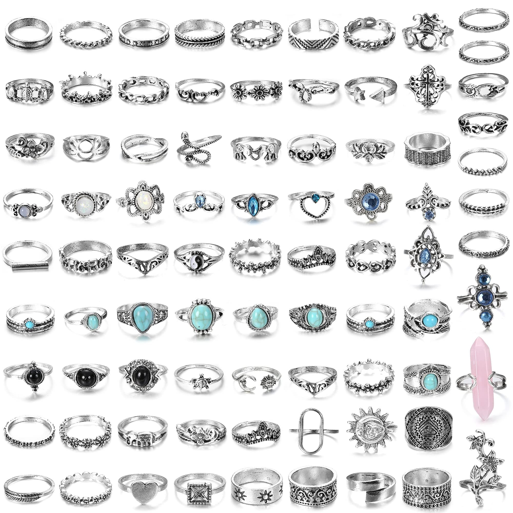 82 Pcs Vintage Silver Knuckle Rings Set for Women Teen Girls Bohemian Stackable Joint Finger Rings Retro Stone Crystal Stacking Midi Rings Pack
