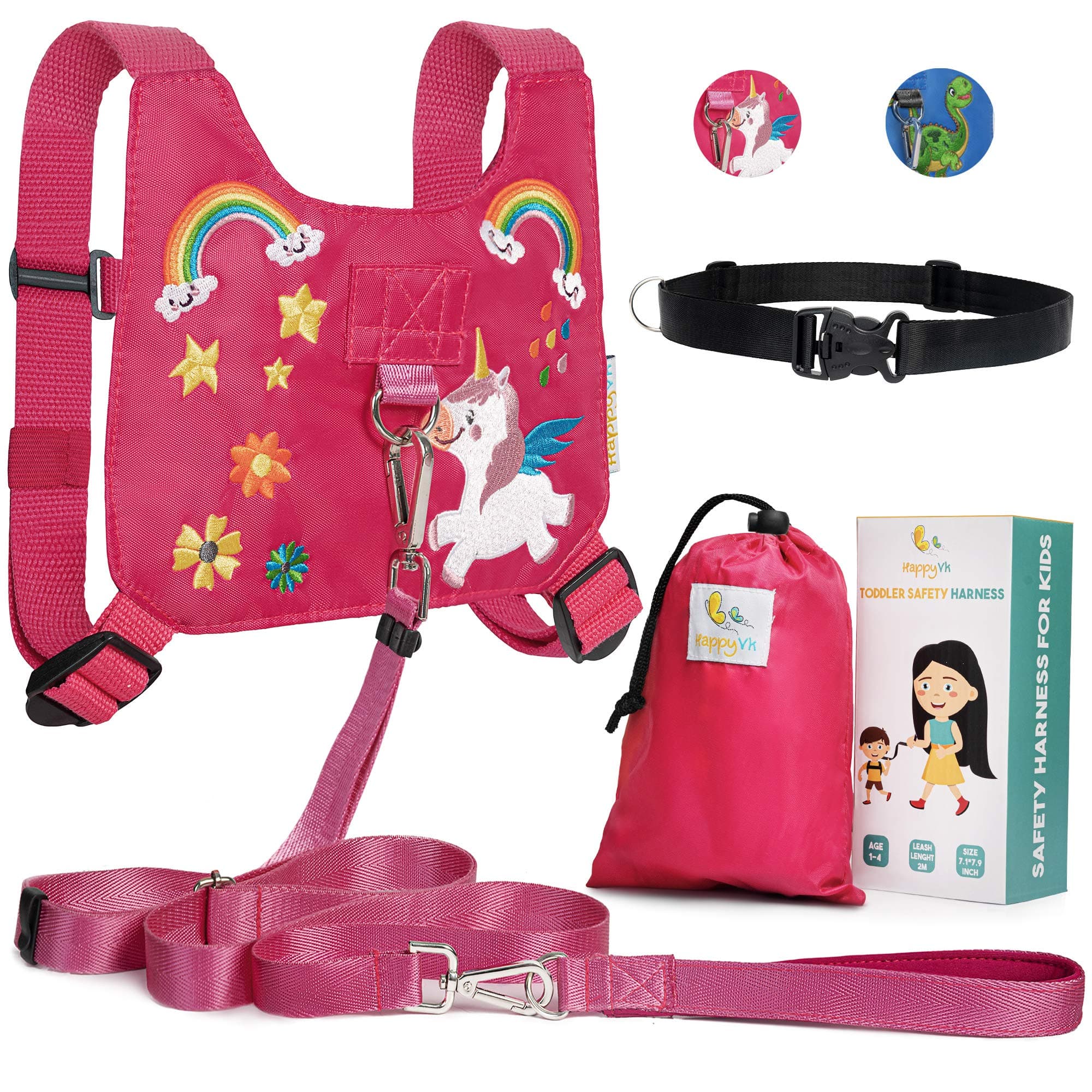 HappyVk Safety Harness for Kids-Anti Lost Walking Toddler Baby Leash-with Free Drawstring Storage Bag and Hands Free Belt for Parents-Cute Unicorn Embroidery-Suitable for 1-4 Years Old Boys, Girls