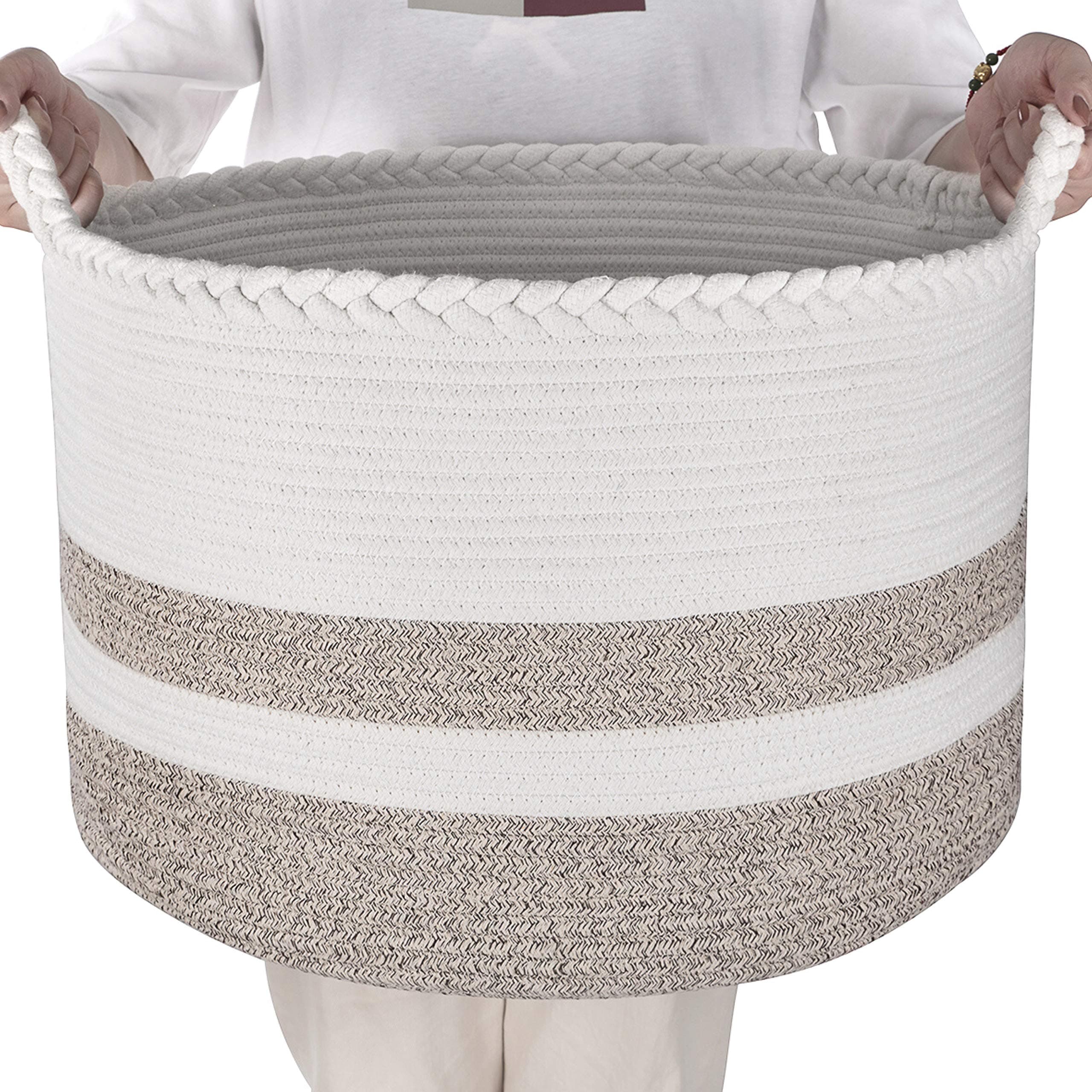 Large Woven Storage Basket for Living Room Blankets, Kids Toys, Laundry Clothes or Bathroom Towels - Cotton Rope Baskets with Braided Handles - Home Organizing Bins - Extra Large Round 20"D x 13"H