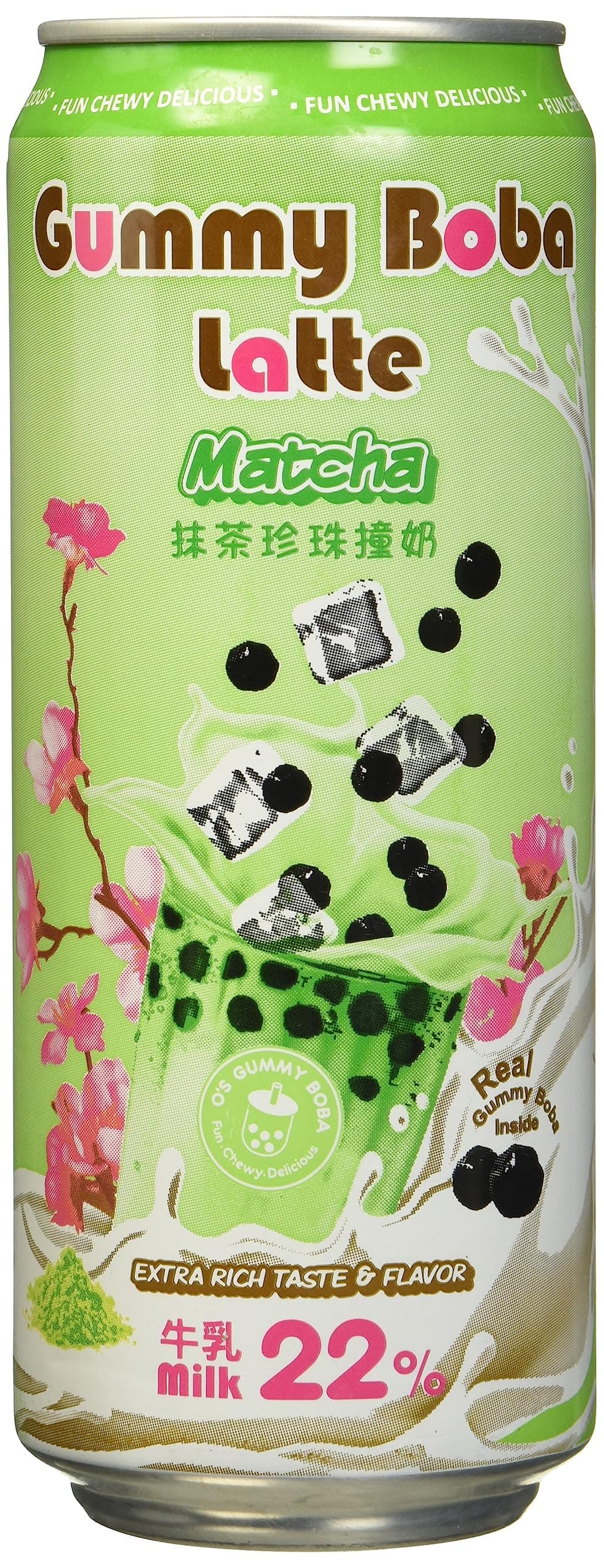 O's Bubble Gummy Boba Latte Canned Bubble Tea Drink With Chewy Boba Pearls (Konjac), 22% whole milk blend, 470ml(15.9 fl oz/can), MATCHA, (Pack of 12)