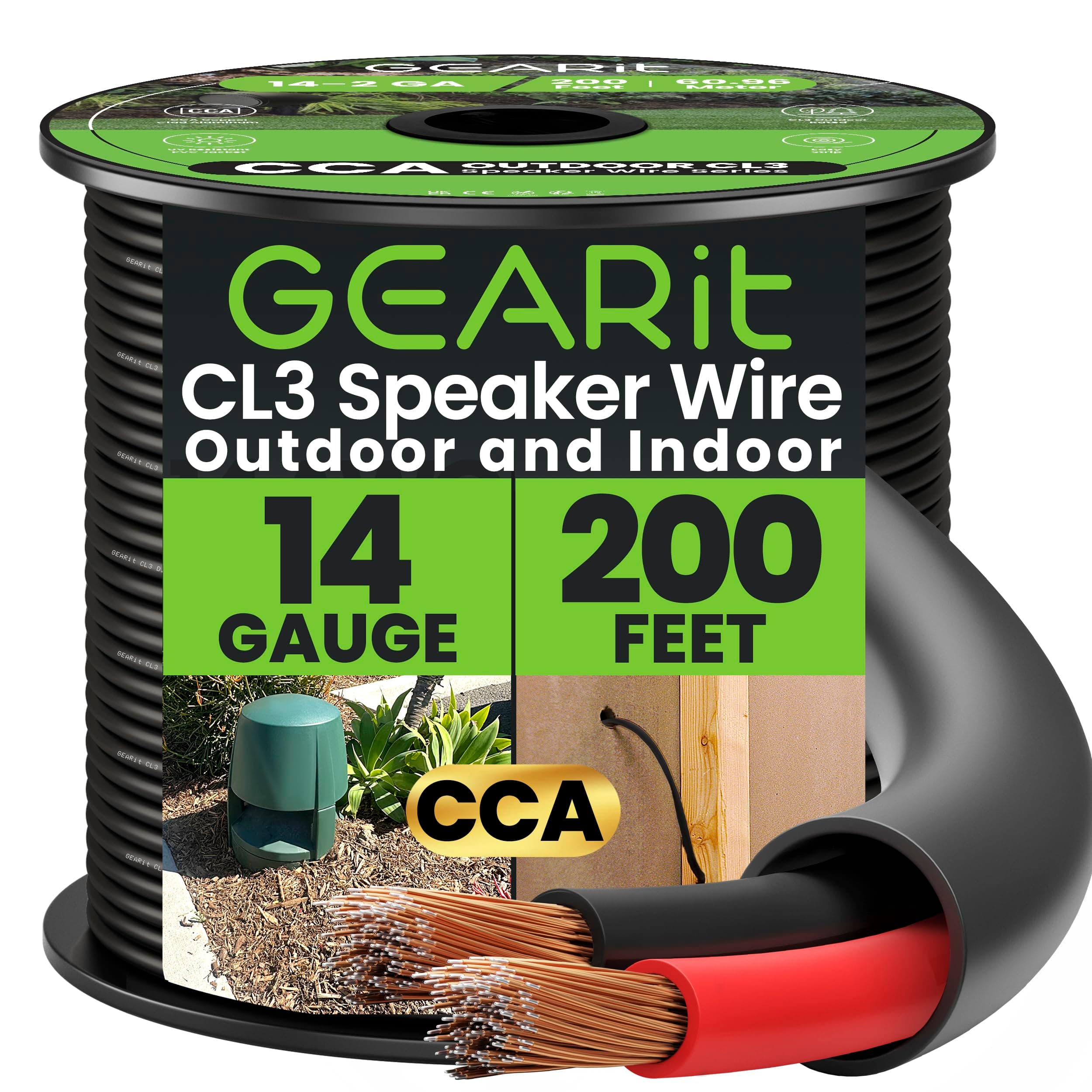GearIT Outdoor Speaker Wire CCA 2x2.5mm≤ (60.96 Meters - Black) Copper Clad Aluminum - Hi-Fi Audio Cable for Direct Burial in Ground/in Wall / CL3 CL2 Rated / 2-Conductors - 14 Gauge AWG, 200 Feet