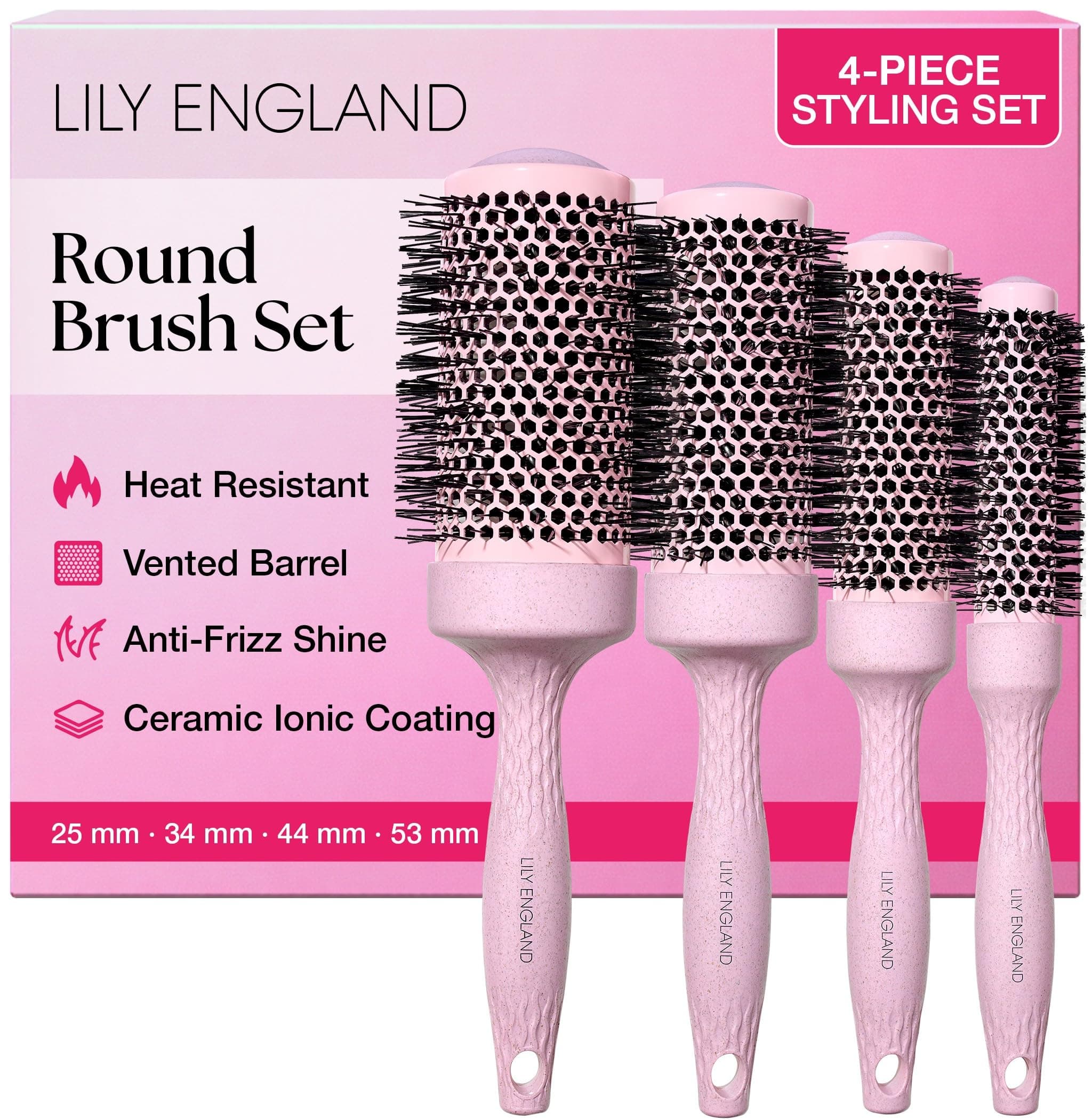 Lily England Professional Round Brush Set for Styling - 4 Ceramic Ionic Round Brushes for Blow Drying Hair - Pink