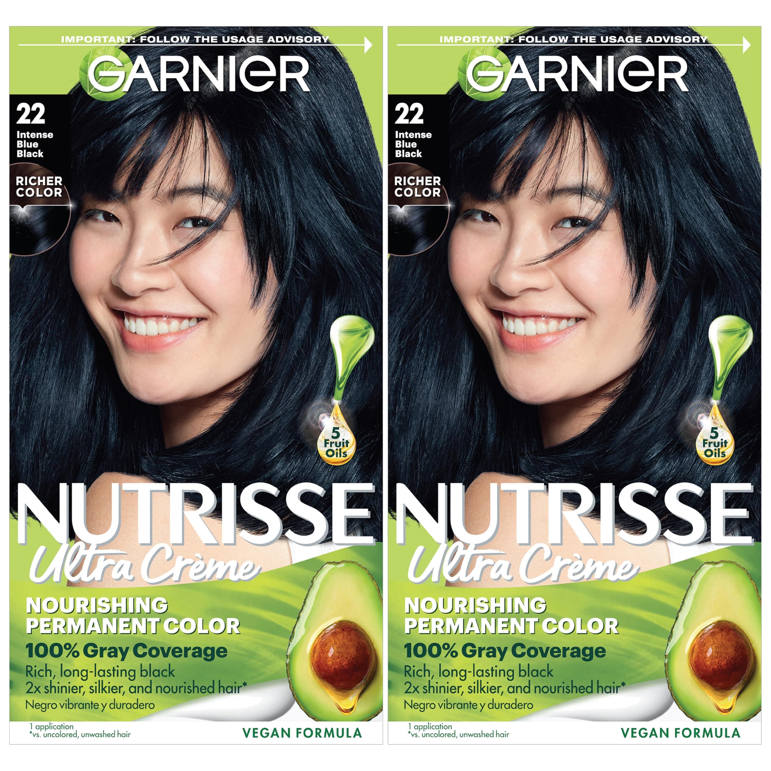 Garnier Nutrisse Ultra Crème Hair Color, Permanent Hair Dye with 100% Gray Coverage, Vegan & Cruelty-Free, 22 Intense Blue Black (Mulberry), 2 Count