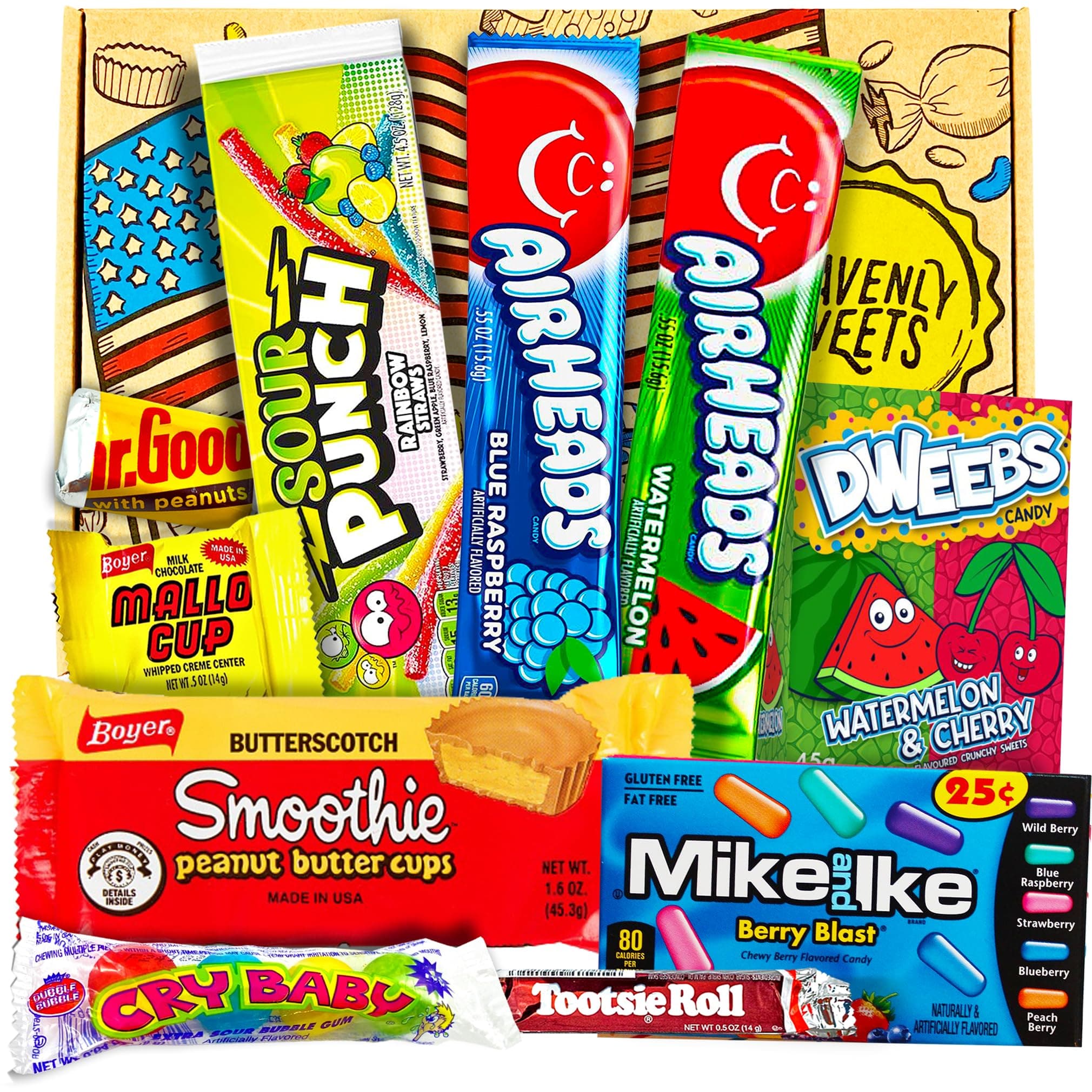 American Candy Box Hamper of American Sweets and Chocolate | Reeses, Jolly Rancher, Jelly Belly, Nerds | 13 Items in a Retro Sweets Gift Box