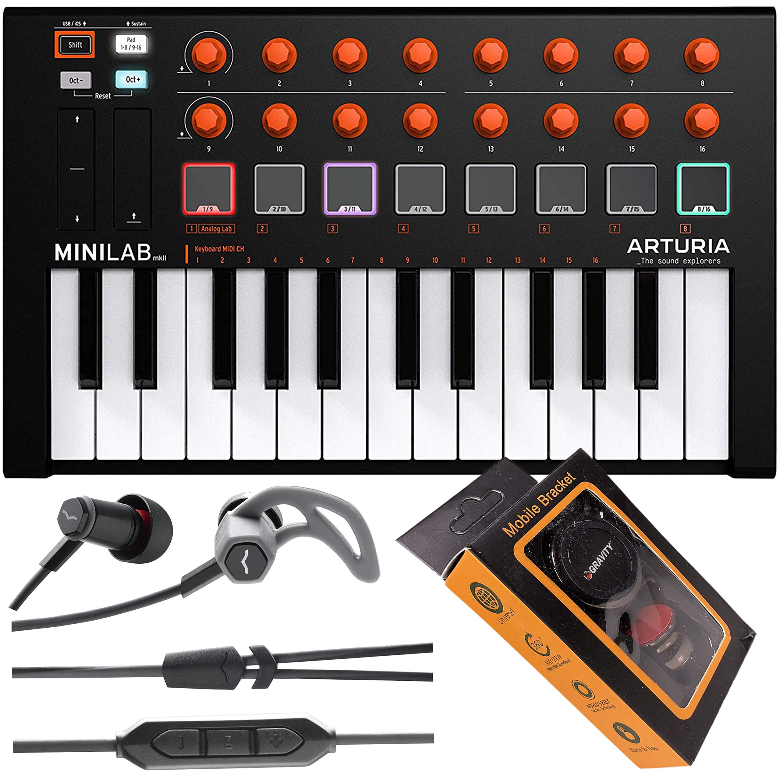 Arturia MiniLab MKII Mini Hybrid Keyboard Controller Orange Edition 25-Note USB Mini Keyboard Controller with 16 Encoders with V-Moda Forza in-Ear Headphones and Gravity Magnet Phone Holder Bundle