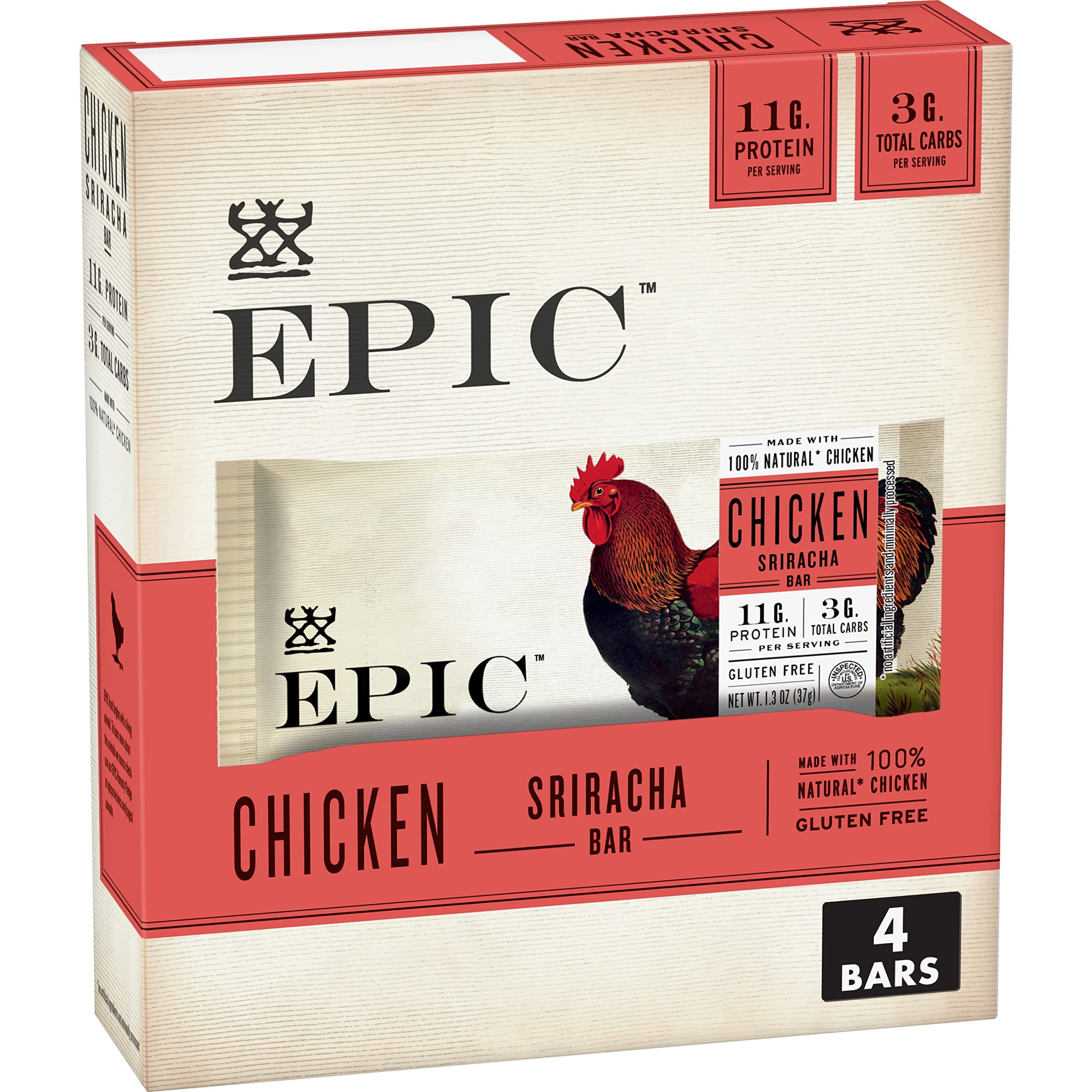 Chicken Sriracha Bar, Keto and Paleo Friendly, Protein Bars, 4 Ct, 5.2 oz